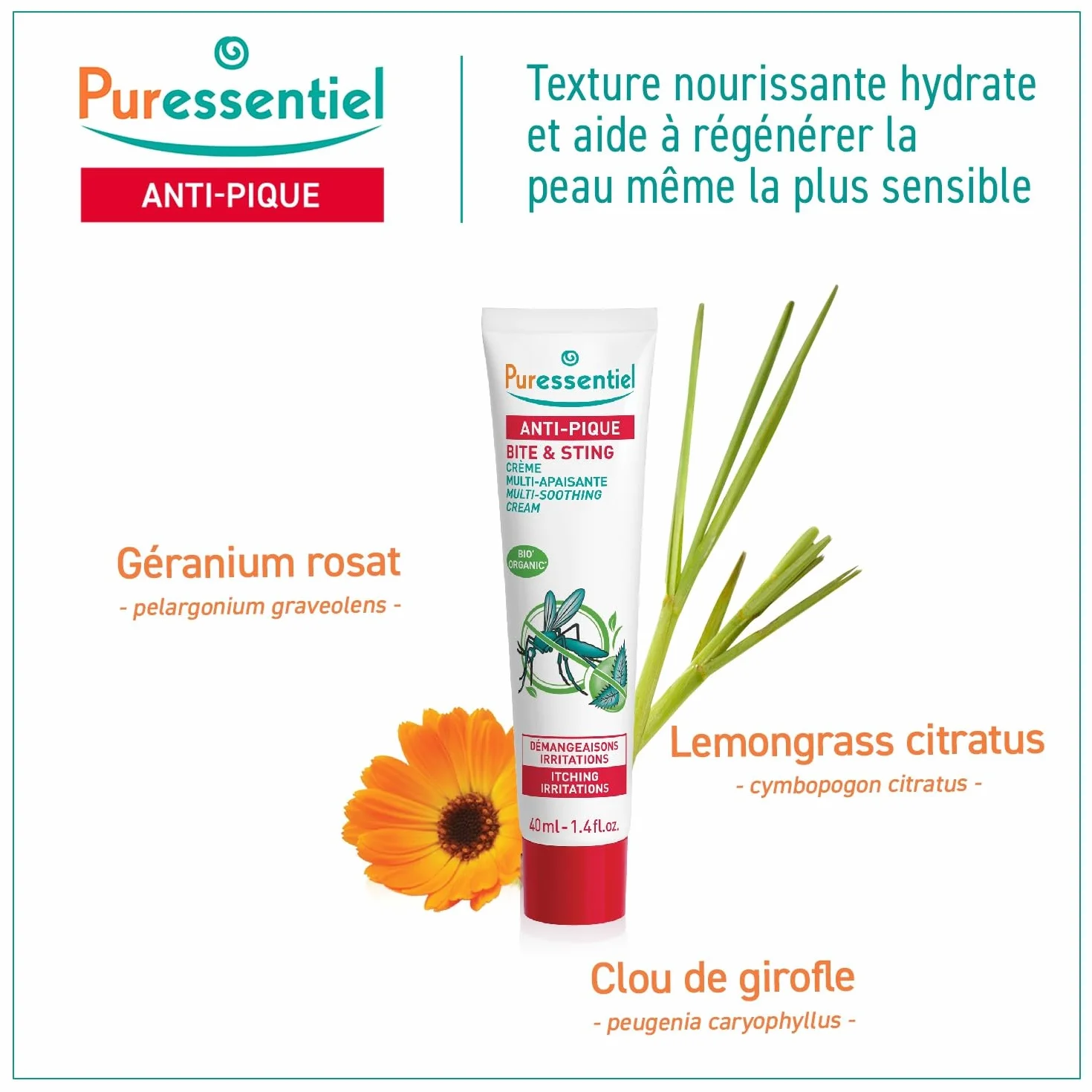 Puressentiel - Anti Pique - Krem wielofunkcyjny - Ugryzienie owadów i roślin - Aktywny w 100% pochodzenia naturalnego - Świeży efekt - Spokojne swędzenie i podrażnienia - 40 ml
