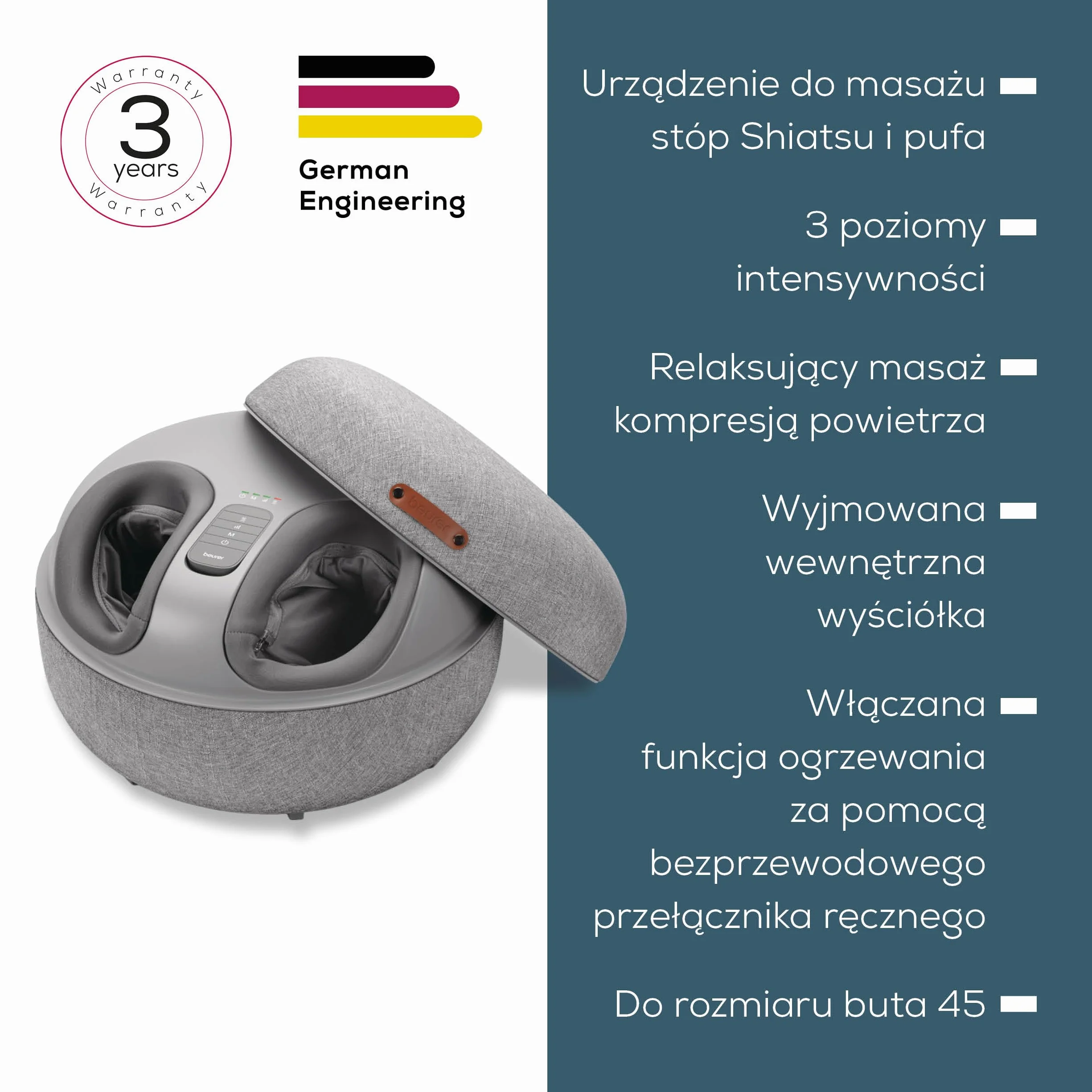 Beurer FM 120 Masażer do stóp Shiatsu 2 w 1 i nowatorski stołek do siedzenia, kojący masaż kompresyjny powietrzem dla relaksu i regeneracji, z przełączaną funkcją ogrzewania, jakościowa tkanina