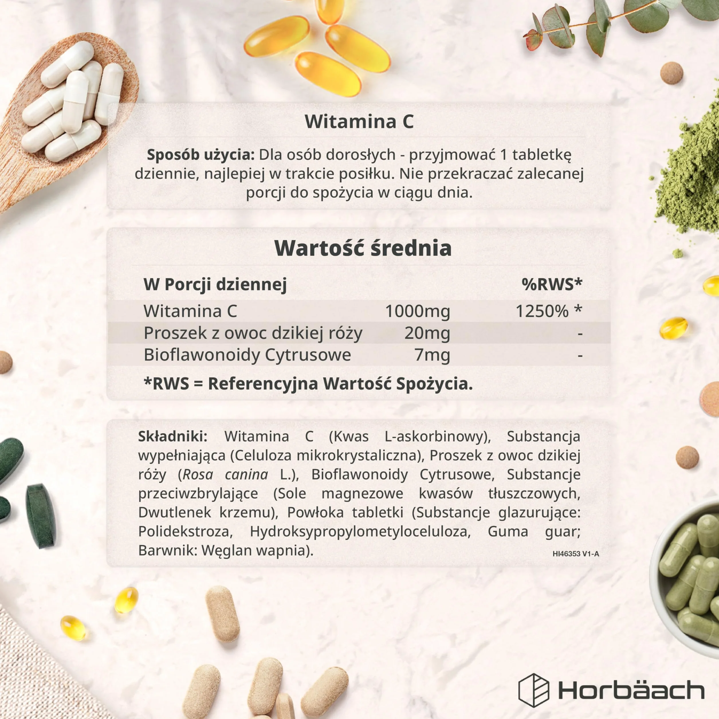 Witamina C 1000mg z Dziką Różą i Bioflawonoidami | Wysoka Dawka | 180 Tabletek - 6 Miesięcy Suplementacji | Suplement Wegański | marki Horbaach