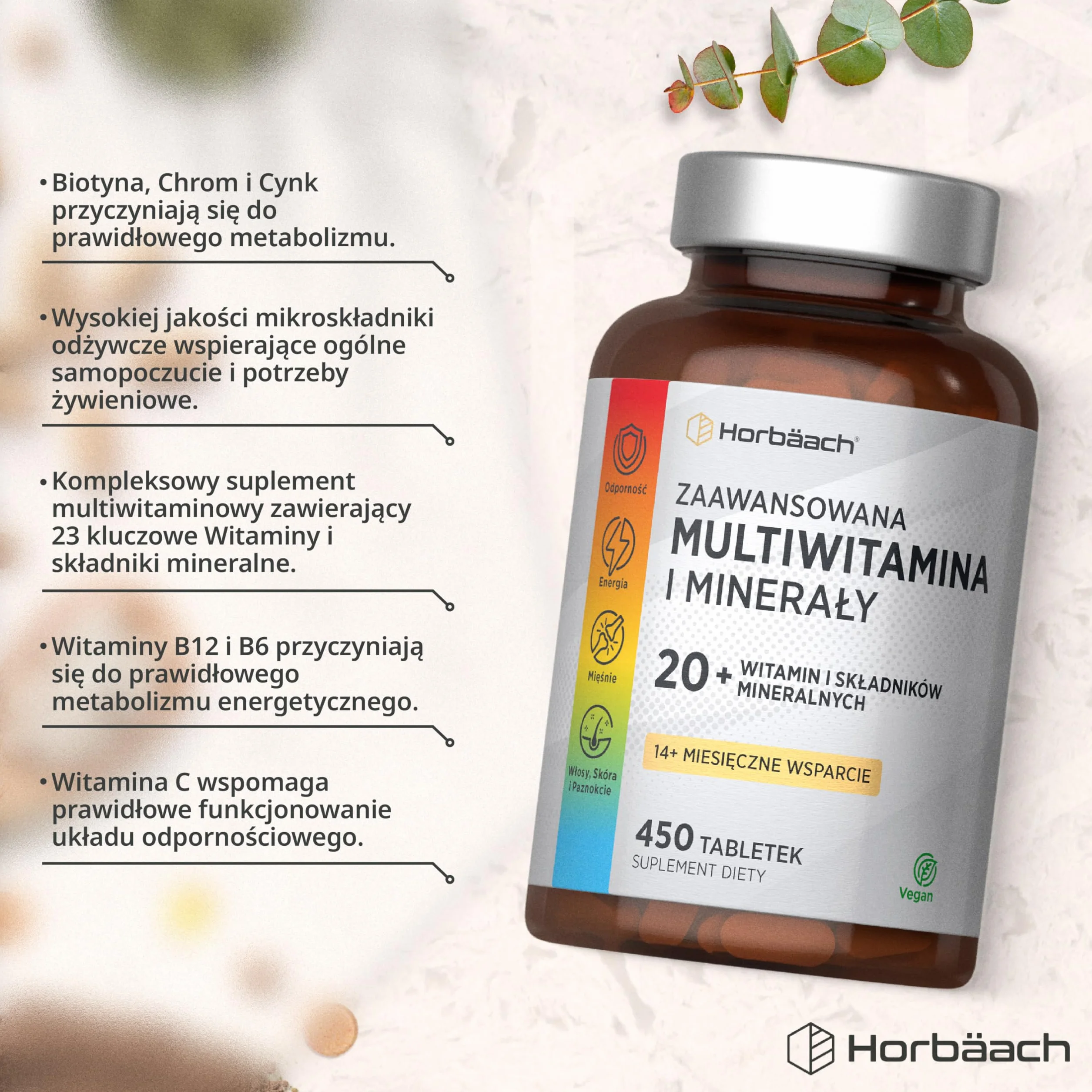 Multiwitamina z Witaminami i Minerałami | 450 Tabletek (13 Miesięcy) | Niezbędne Składniki Odżywcze A–Z, W Tym Witamina D, B12, Cynk i Żelazo | Wegański Suplement | marki Horbaach