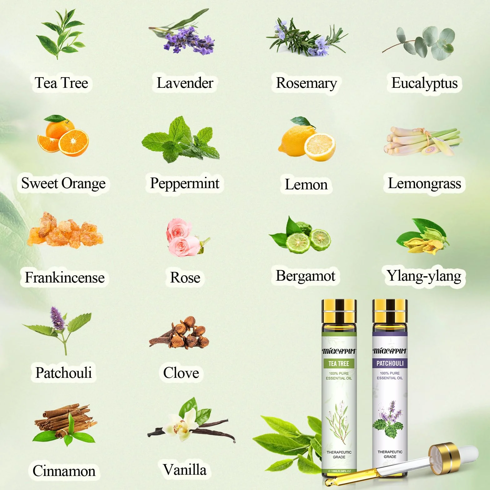 Zestaw Olejków Eterycznych 16 x 10ML, 100% Naturalne Olejki Zapachowe do Aromaterapii, Masażu, SPA - Lawenda, Mięta, Drzewo Herbaciane, Eukaliptus