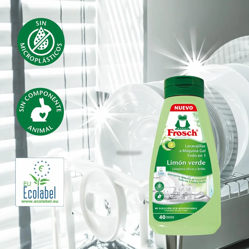 Frosch - żel do maszyny, wszystko w 1 z zieloną cytryną, czyszczenie i połysk, bez mikroplastiku i składników zwierzęcych, 40 puszek - 650 ml