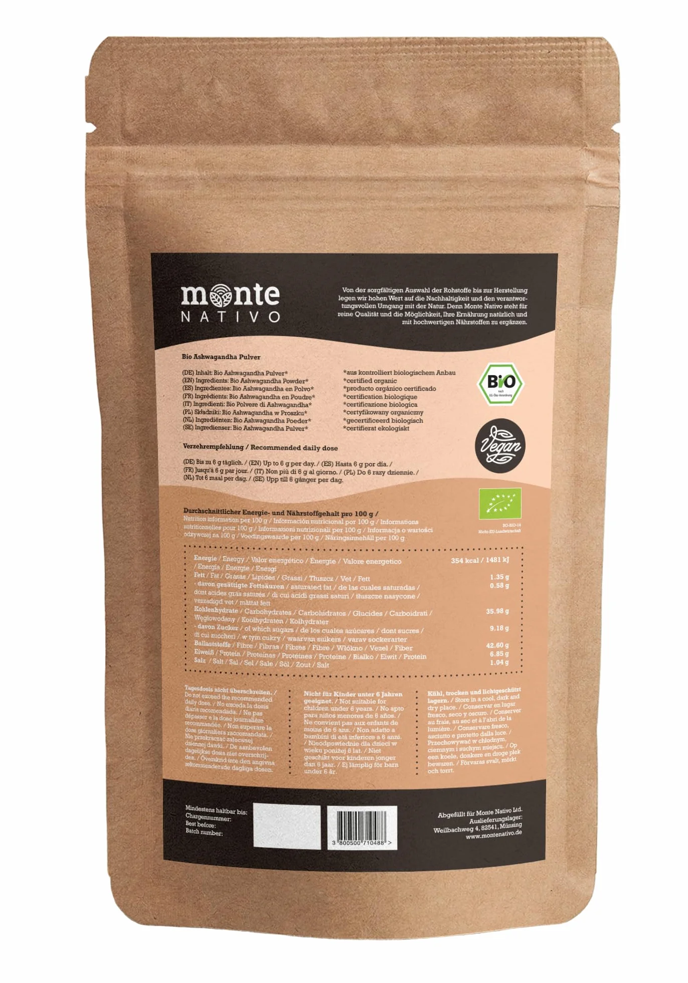 Monte Nativo Organiczny Proszek z Witani Ospałej 700g Żeń-szeń indyjski Zimowa wiśnia Withania Somnifera
