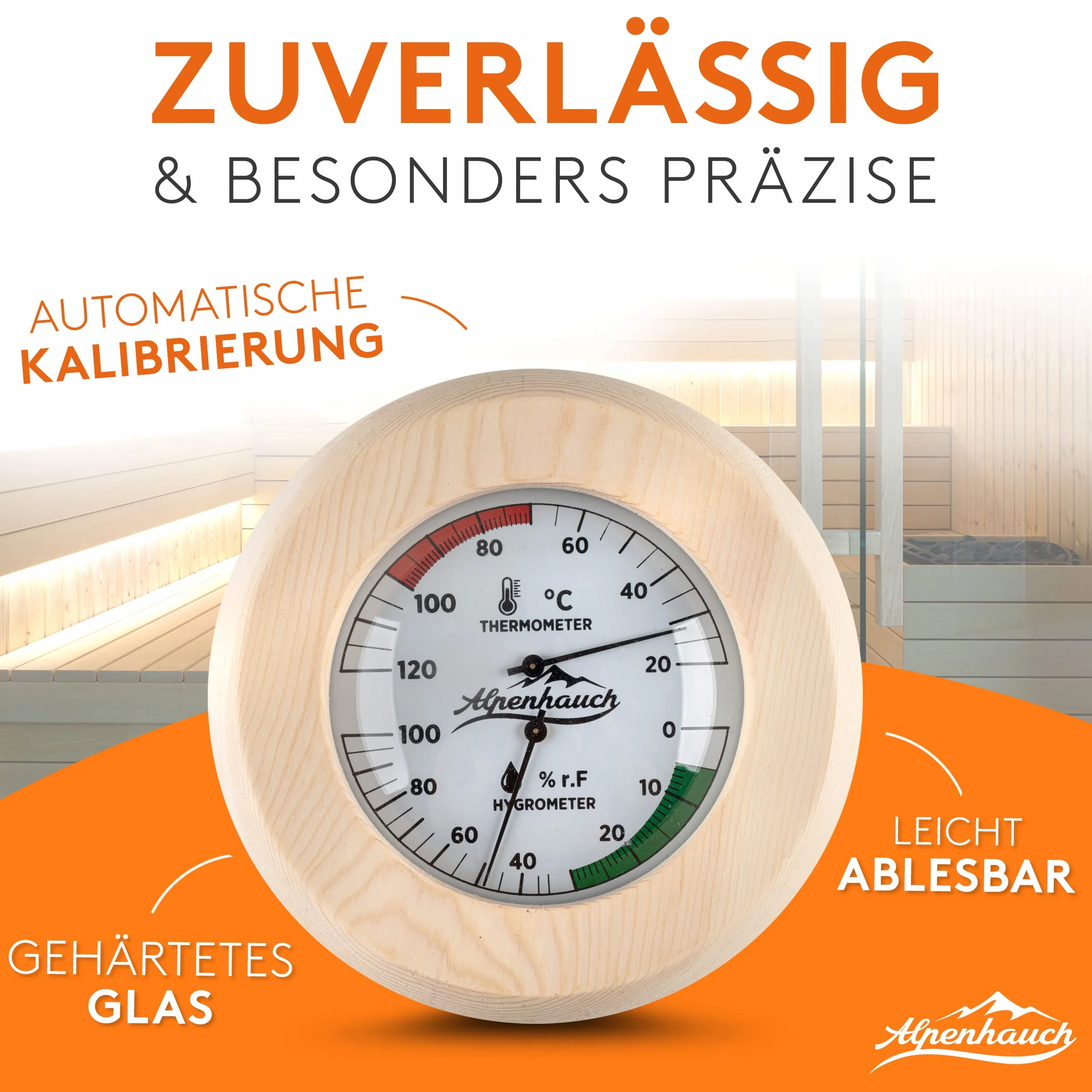 ALPENHAUCH Termometr do sauny, higrometr z drewna, funkcja 2 w 1, wyjątkowo precyzyjny termometr do sauny z hartowanego szkła, automatyczna kalibracja, eleganckie akcesoria do sauny, higrometr,