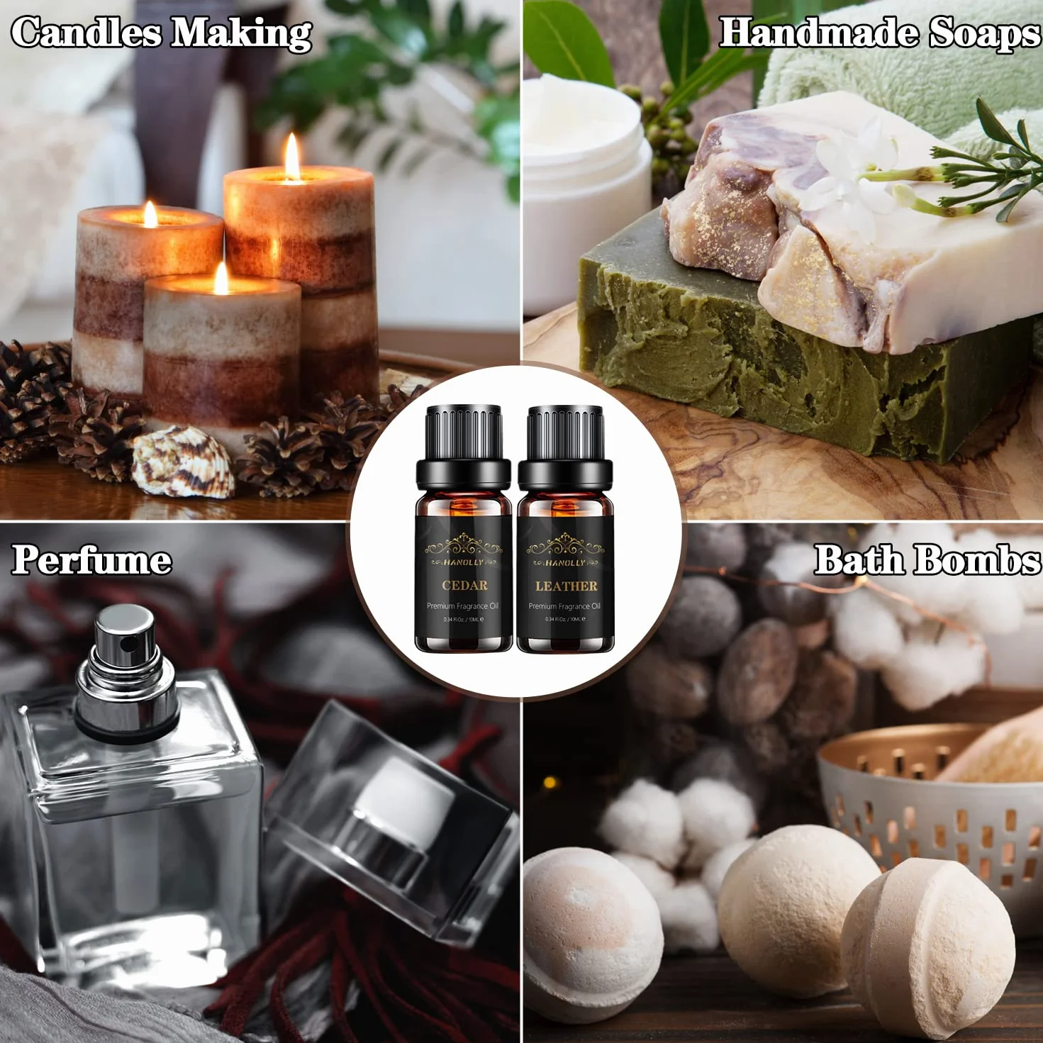 Hanolly Zestaw Olejków Eterycznych Dla Mężczyzn 6 x 10ml, Olejki Do Dyfuzorów Zapachowych Do Aromaterapii, Perfum I Wyrobu Świec – Drzewo Sandałowe, Cedr, Skóra, Słodki Tytoń, Rum, Woda Kolońska