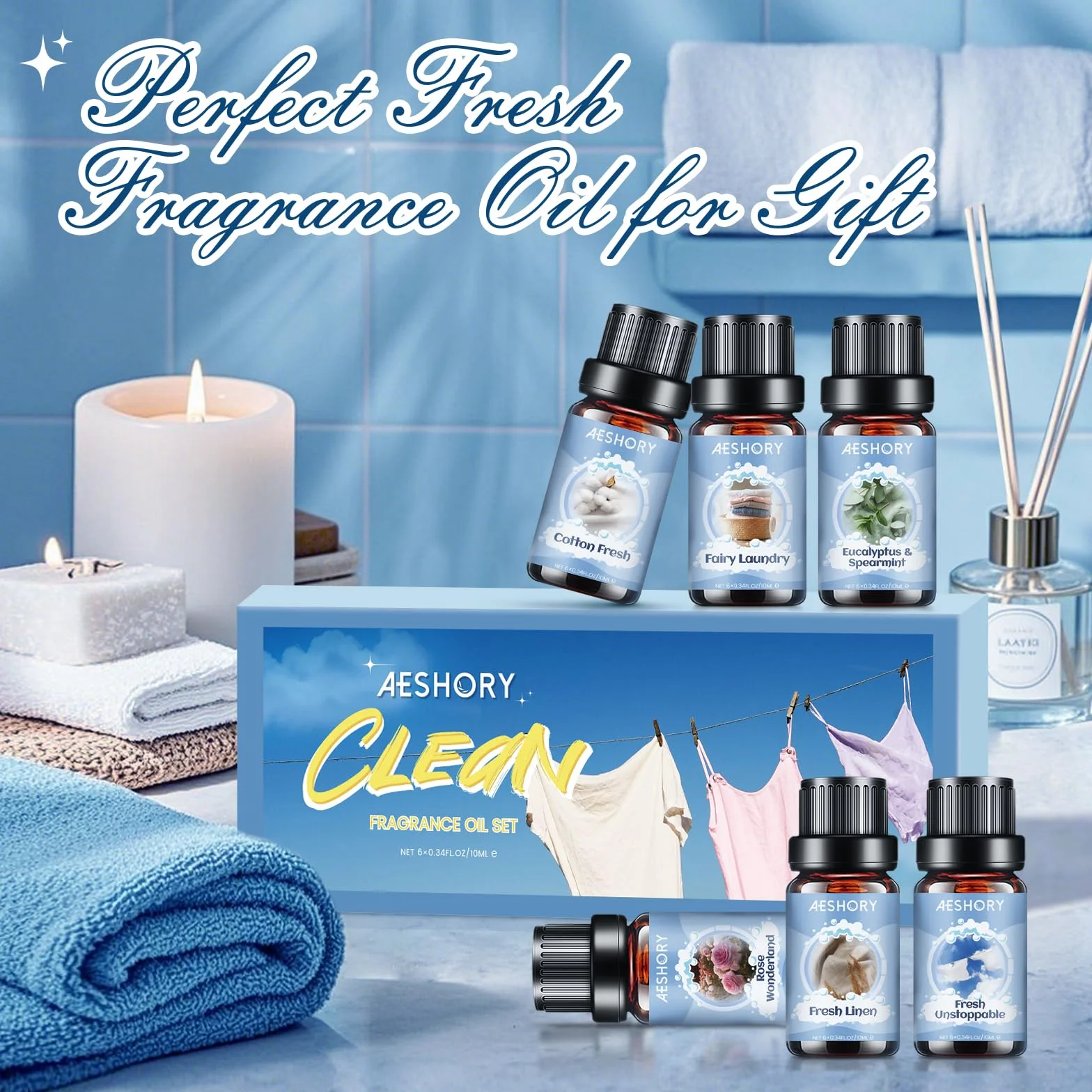 Zestaw Olejków Eterycznych Do Prania 6x10ml, Naturalny Olejek Zapachowy Do Dyfuzora, Czyszczenie – Niesamowicie Świeży, Len, Bawełna, Eukaliptus I Mięta, Pranie Jak Wróżka, Różany Cud