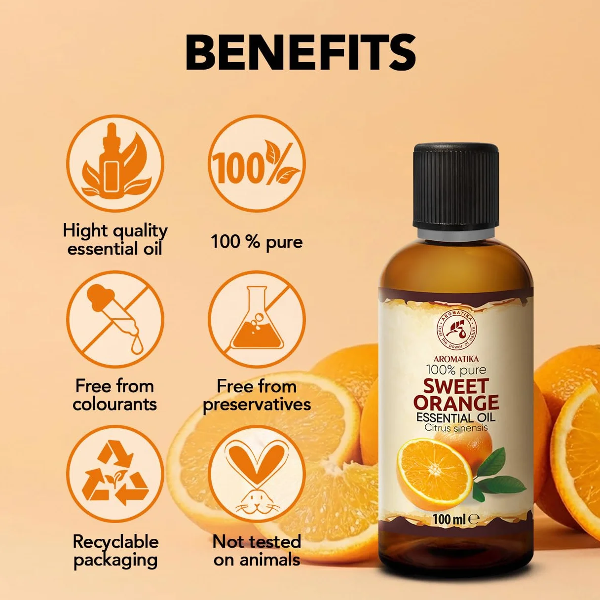 Olejek Eteryczny Ze Słodkiej Pomarańczy 100 ml - Citrus Sinensis - Olejek Pomarańczowy do Dyfuzora - Zapach Cytrusów - Aromaterapia - Świece Zapachowe - Mydła - Odświeżanie Powietrza