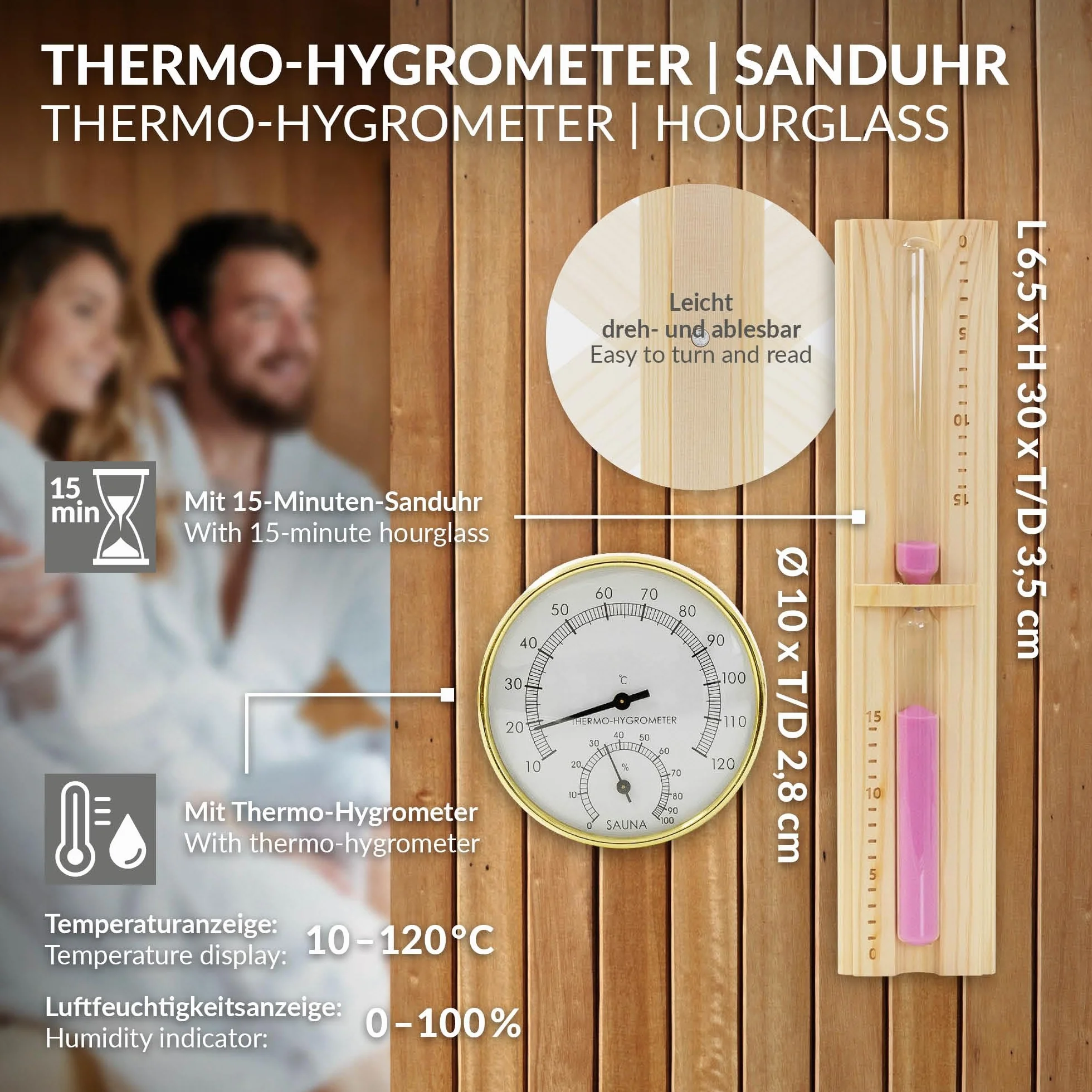 LuxeBath zestaw akcesoriów do sauny z litego drewna sosnowego 4 elementy wiadro do polewania 4,5 l z wkladem chochla termometr higrometr klepsydra 15 minut trwale wyposazenie do domowej sauny