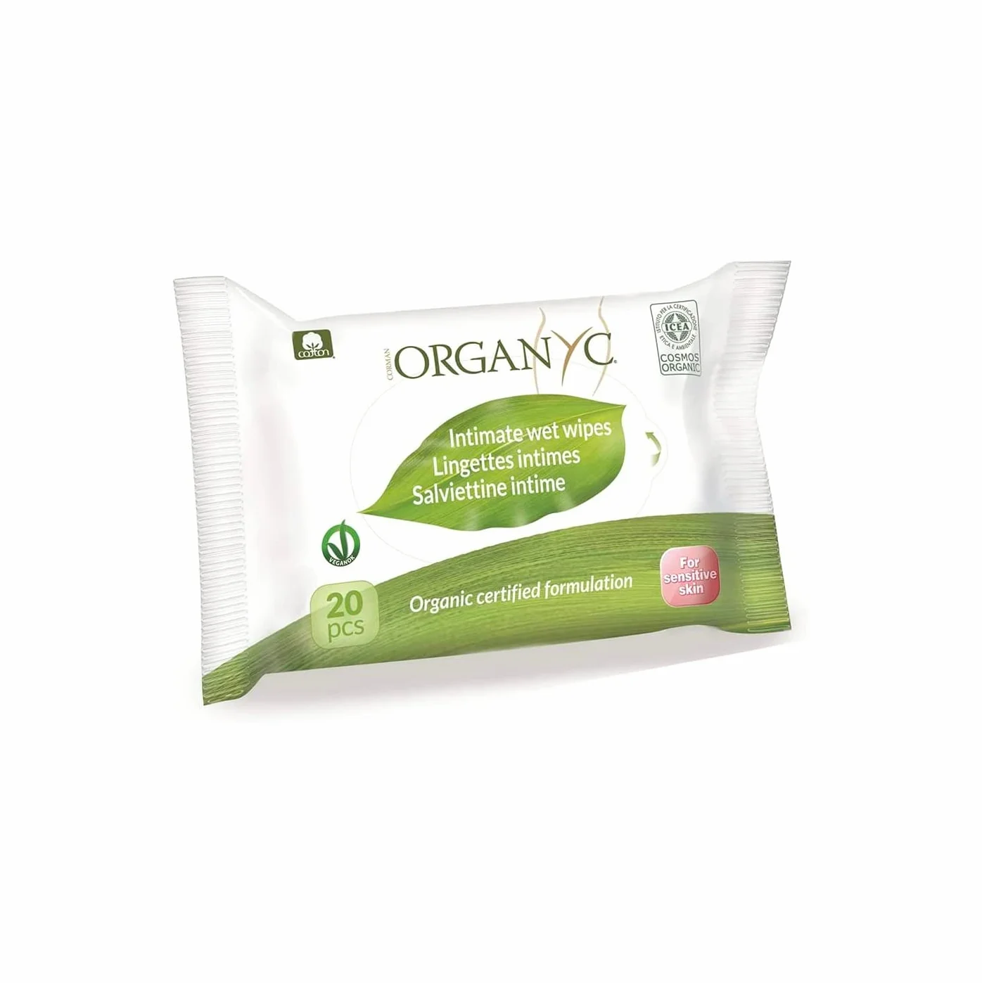 Organyc, Nawilżane chusteczki do higieny intymnej ze 100% organicznej bawełny certyfikowanej, 4 opakowania po 20 chusteczek (Razem 80 sztuk)