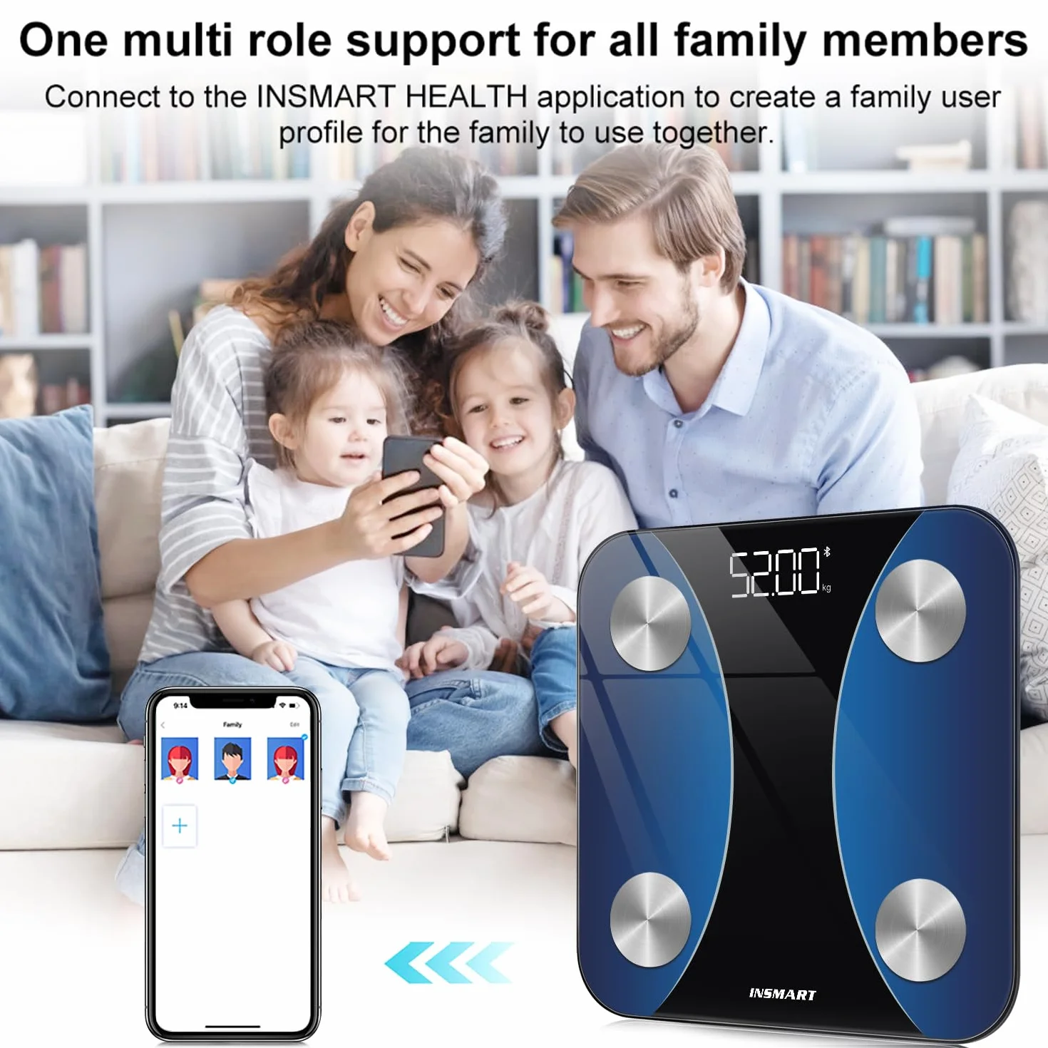 INSMART Waga do masy ciała, cyfrowa osobista inteligentna waga z aplikacją, waga Bluetooth do tkanki tłuszczowej, BMI, wagi, tętna, masy mięśniowej, wody, białka, masy kości, BMR itp. Bllue