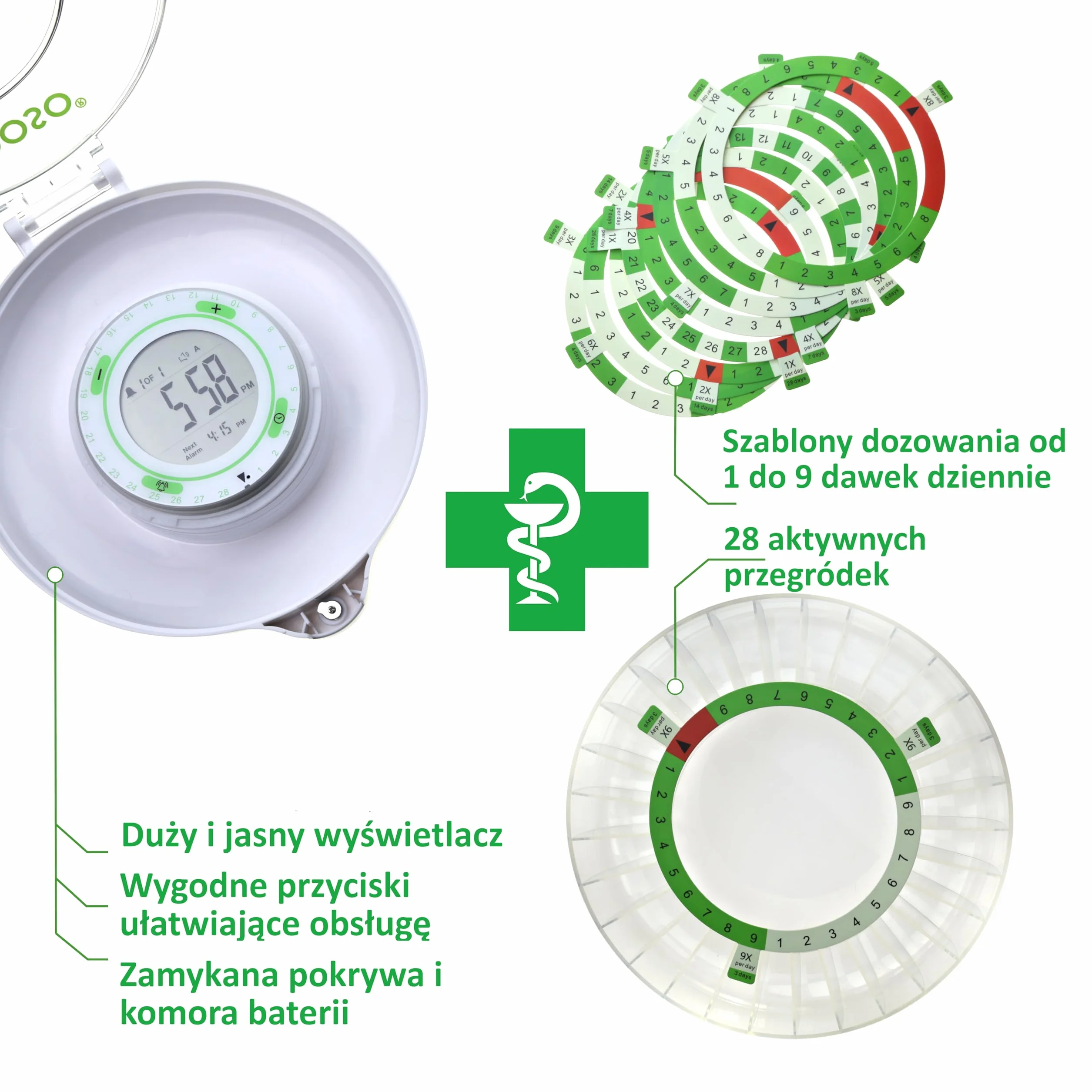 Automatyczny dozownik leków z alarmem | Model 2021 | 9 alarmów dziennie | Duży wyświetlacz i przyciski | Szablony do dozowania | 2 bezpieczne zamki | Duży pojemnik na lekarstwa