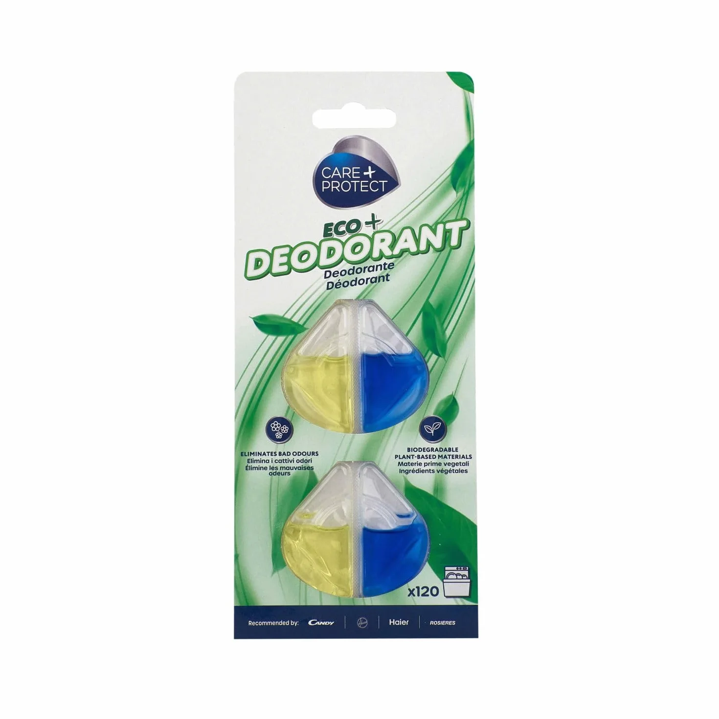 Care+Protect ECO+ dezodorant do zmywarki, eliminuje nieprzyjemne zapachy, długotrwały zapach cytryny, 2 muszle, do 120 prań
