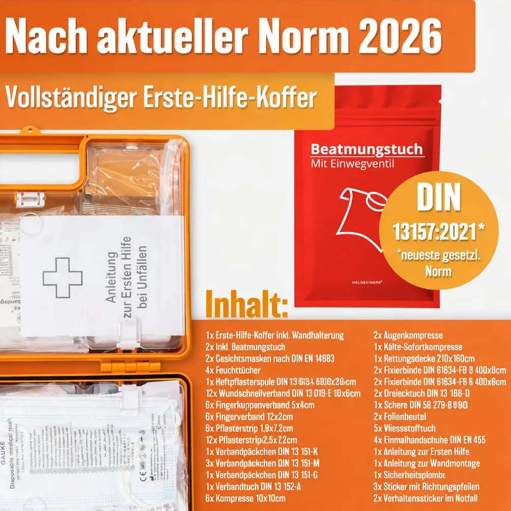 HELDENWERK Zestaw pierwszej pomocy zgodnie z nową DIN 13157:2021 wraz z uchwytem ściennym i naklejkami | Uniwersalny zestaw pierwszej pomocy do zastosowania w firmie, domownictwie lub gastronomii