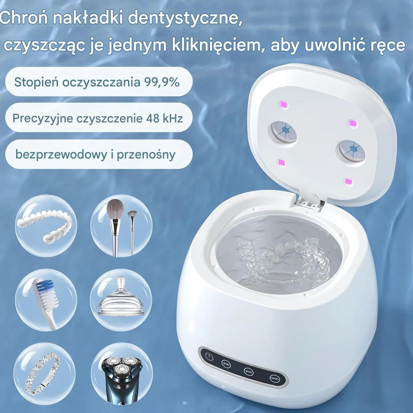 Retainer Cleaner 52kHz Aligner Cleaning Machine, Portable UV Sterilizer For Mouthguard Denture Jewelry Watch Strap, Home And Travel Cleaning Solution For Kids Adults Seniors, .33x4.72 X 5.11in