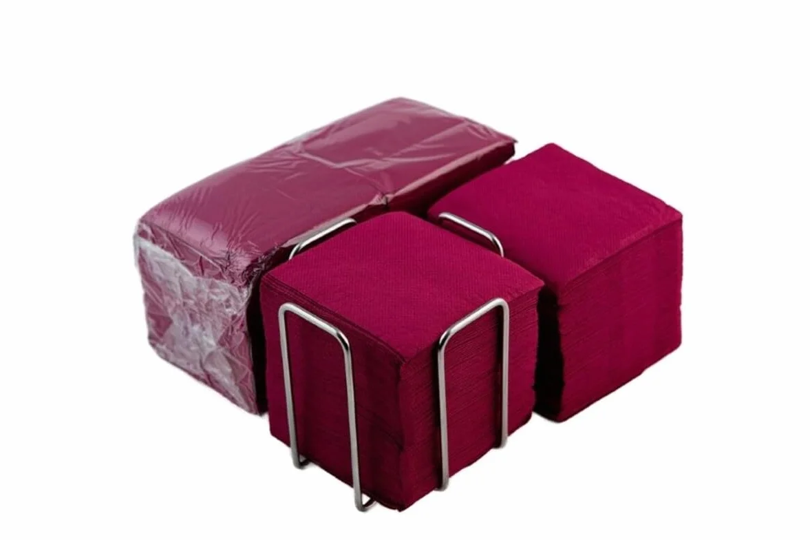 Opakowanie 300 serwetek koktajlowych z papieru bordowego + serwetka na serwetki ze stali nierdzewnej - tekstura mikro-kropki - 10 x 10 cm Hostelnovo