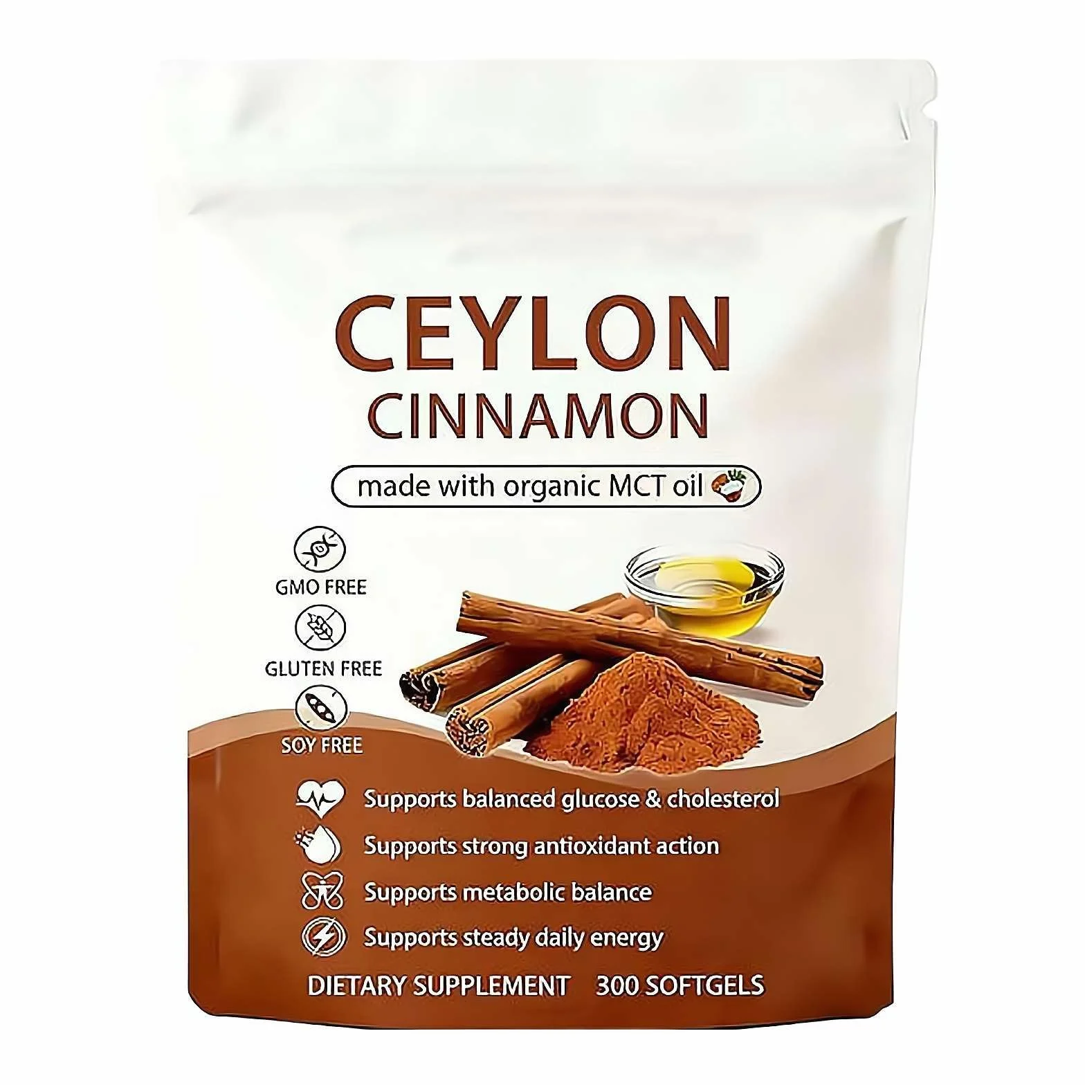 Ceylon Cinnamon Capsules z olejem MCT, wysoka absorpcja, bez GMO, bezglutenowe, 300 kapsułek żelowych
