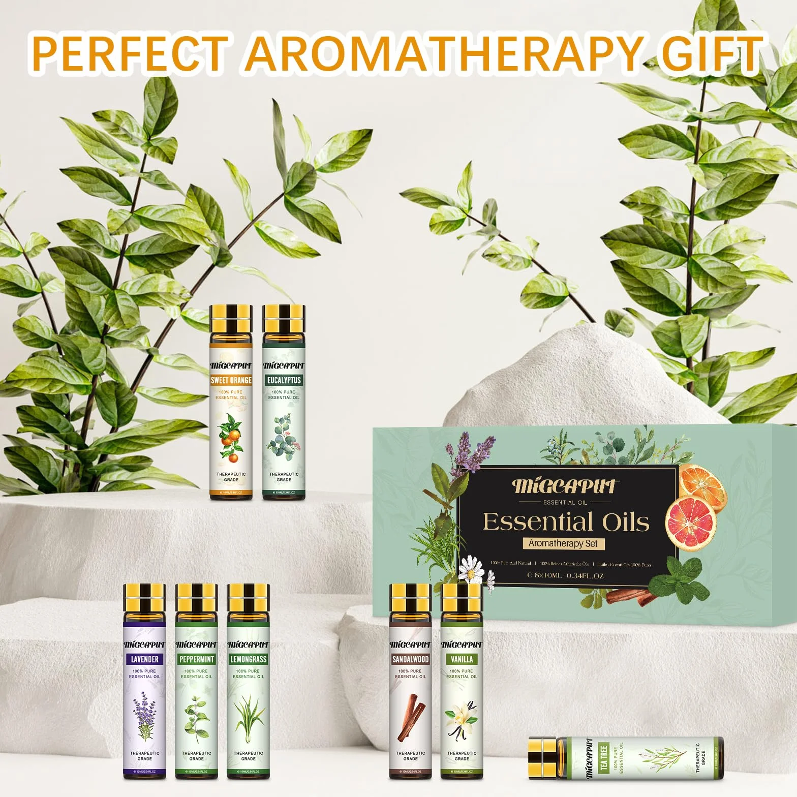 MIGCAPUT Zestaw Olejków Eterycznych 8 x 10ML, 100% Naturalne Olejki Zapachowe do Dyfuzory, Masaż - Lawenda, Mięta, Drzewo Herbaciane, Słodka Pomarańcza, Trawa Cytrynowa, Eukaliptus, Drzewo Sandałowe