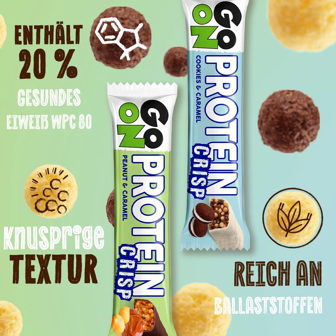GO ON - Batony proteinowe Crisp 24 x 50 g, Batony białkowe, Odżywcze, Sportness Fitness Snacks, Idealne dla osób aktywnych - Ciasteczka i karmel