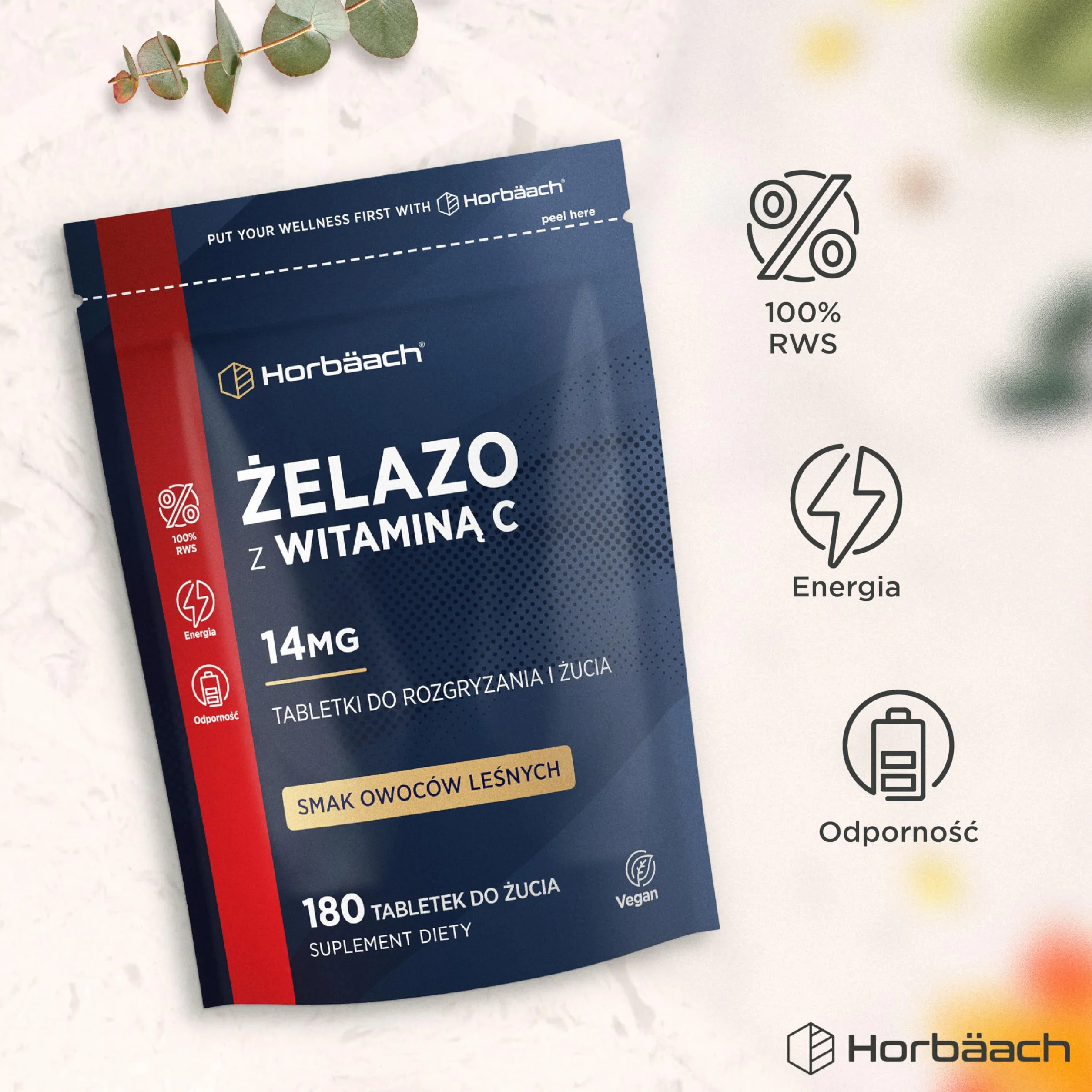 Horbaach Żelazo Tabletki 14 mg z Witaminą C 80 mg 180 Tabletek Do Rozgryzania i Żucia Suplement Dla Kobiet i Mężczyzn