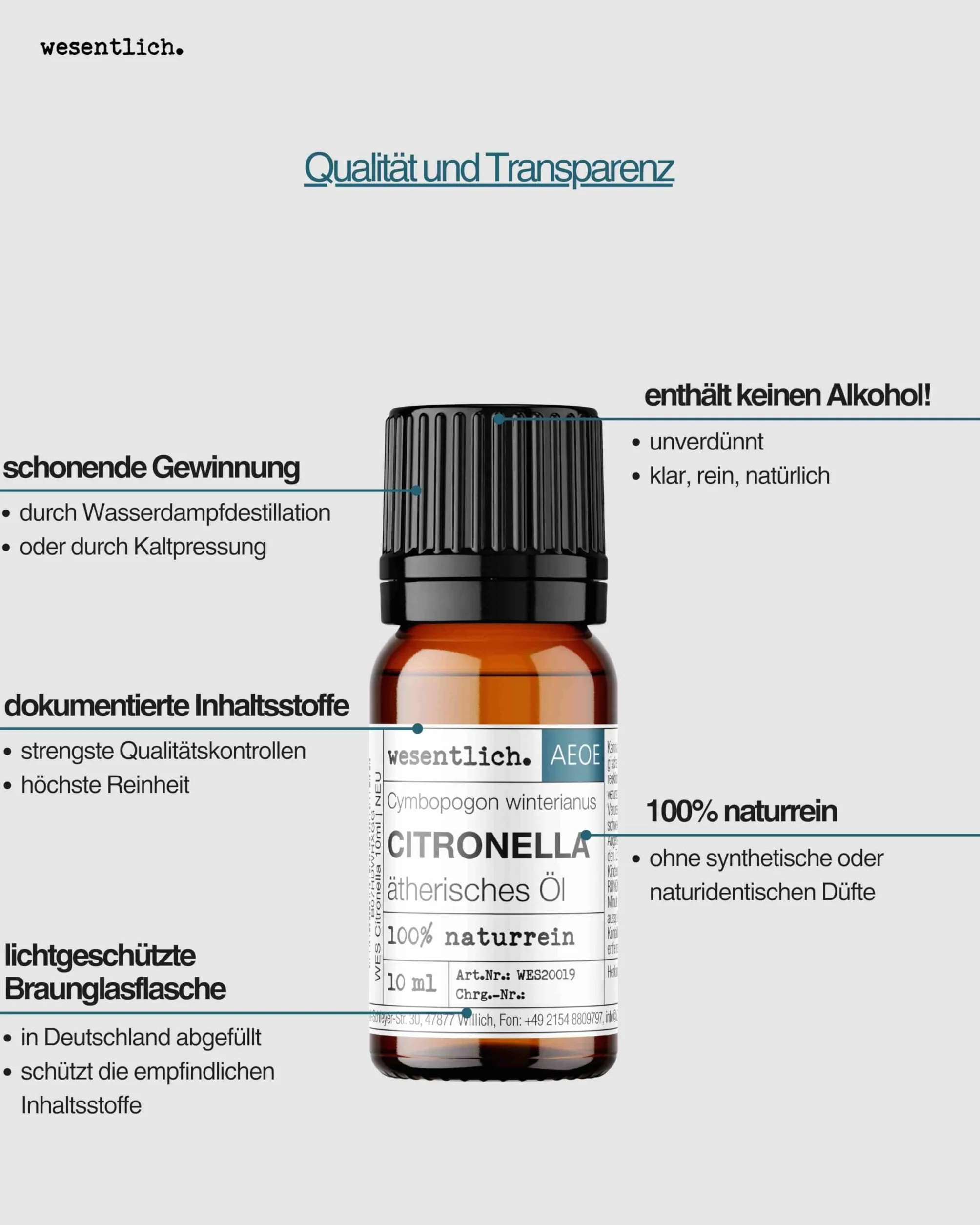 Olejek Citronella – czysty olejek eteryczny od wesentlich. – 100% naturalny w szklanej butelce (10 ml)