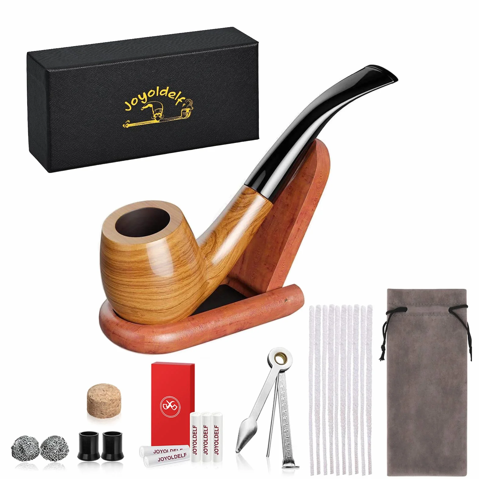 Joyoldelf Fajka do tytoniu ręcznie robiona zielone drzewo sandałowe z drewnianym stojakiem zestaw 3 w 1