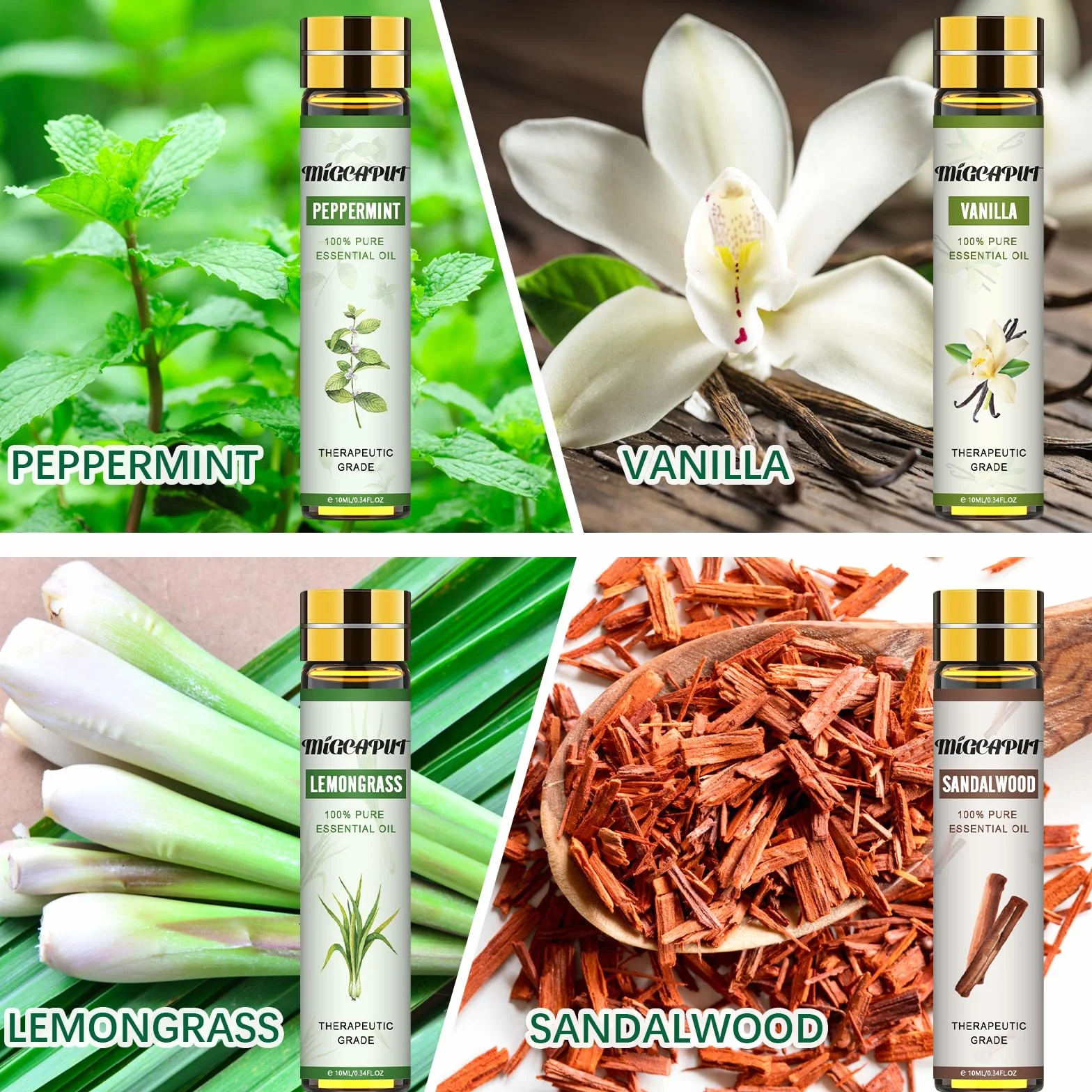 MIGCAPUT Zestaw Olejków Eterycznych 8 x 10ML, 100% Naturalne Olejki Zapachowe do Dyfuzory, Masaż - Lawenda, Mięta, Drzewo Herbaciane, Słodka Pomarańcza, Trawa Cytrynowa, Eukaliptus, Drzewo Sandałowe