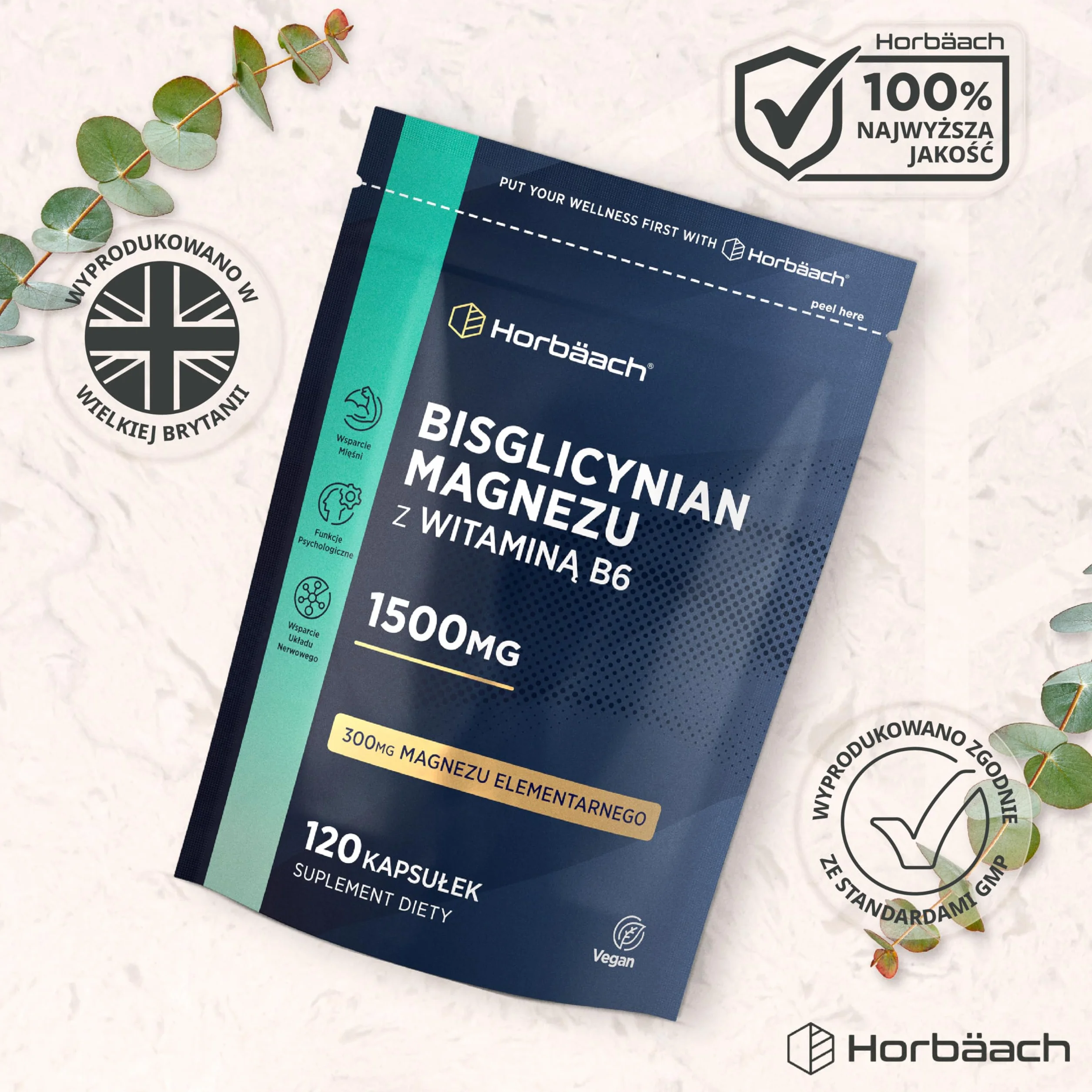 Glicynian Magnezu 1500 mg + Witamina B6 | Bisglicynian Dostarczający 300 mg Czystego Magnezu Elementarnego | 120 Kapsułek | 100% Wegańskie | marki Horbaach