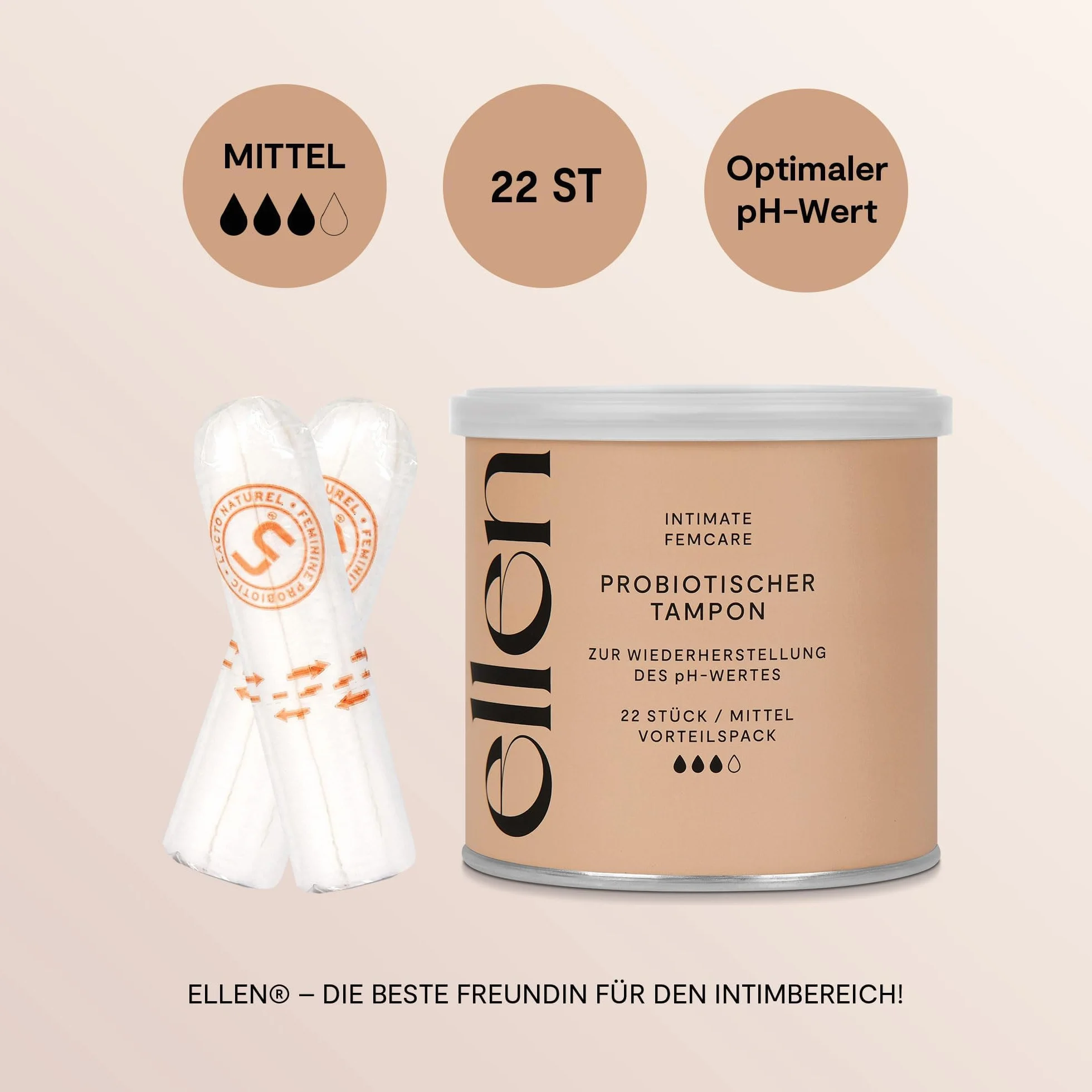 Tampony probiotyczne Normal, 22 sztuki – ellen® tampony wzbogacone probiotykami – delikatna pielęgnacja dla zdrowia pochwy, opakowanie ekonomiczne