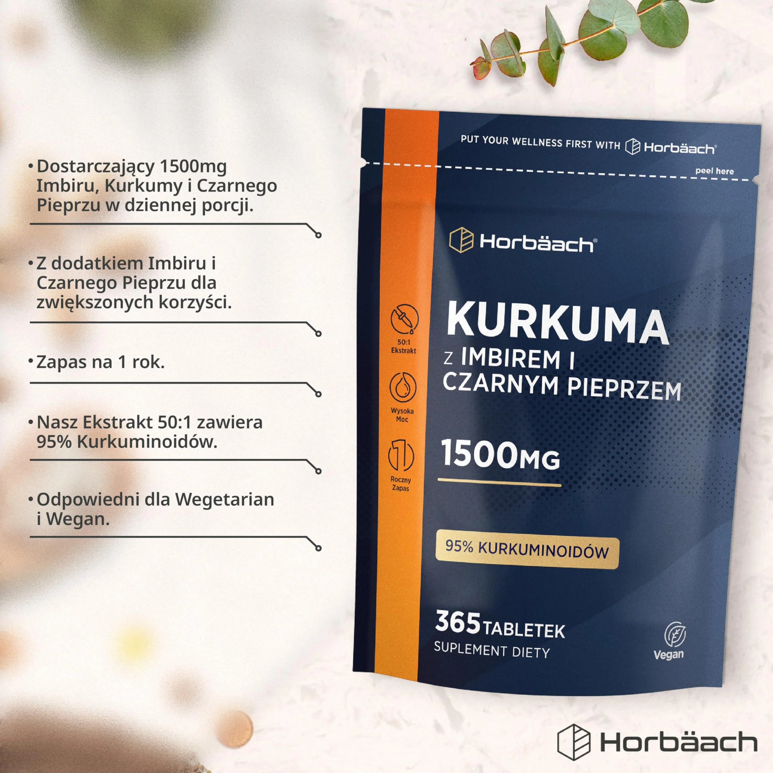 Kurkuma Tabletki 1500mg z Czarnym Pieprzem i Imbirem | 95% Kurkuminoidów | Roczny zapas | Wysoka zawartość aktywnego ekstraktu kurkuminy | 365 Wegańskich Tabletek | marki Horbaach