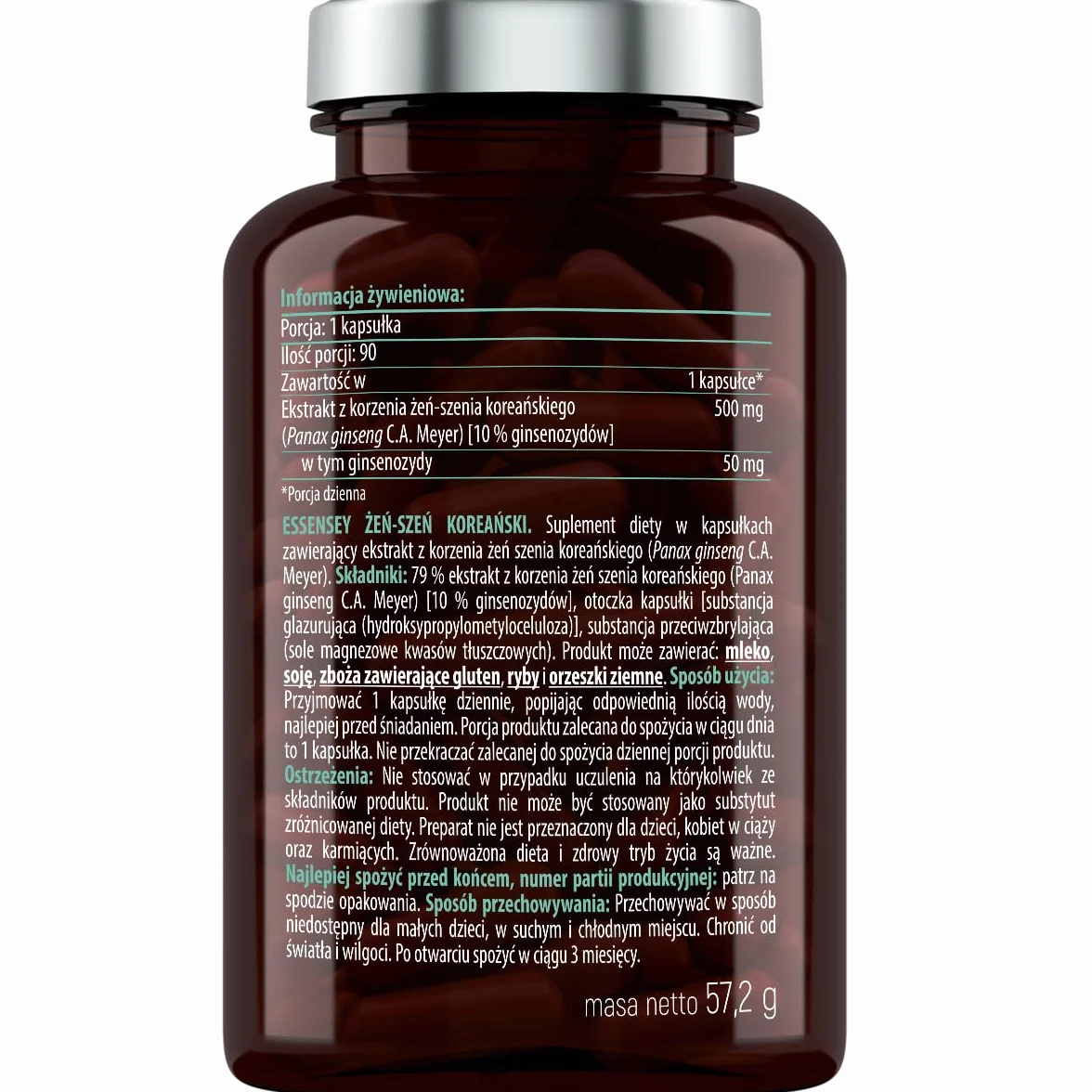 ESSENSEY - KOREAŃSKI ŻEŃ-SZEŃ I 500 mg I 90 Kapsułek I Ginsenozydy 50 mg I Dla wegetarianI 90 Dniowych porcji I Łatwe do połknięcia