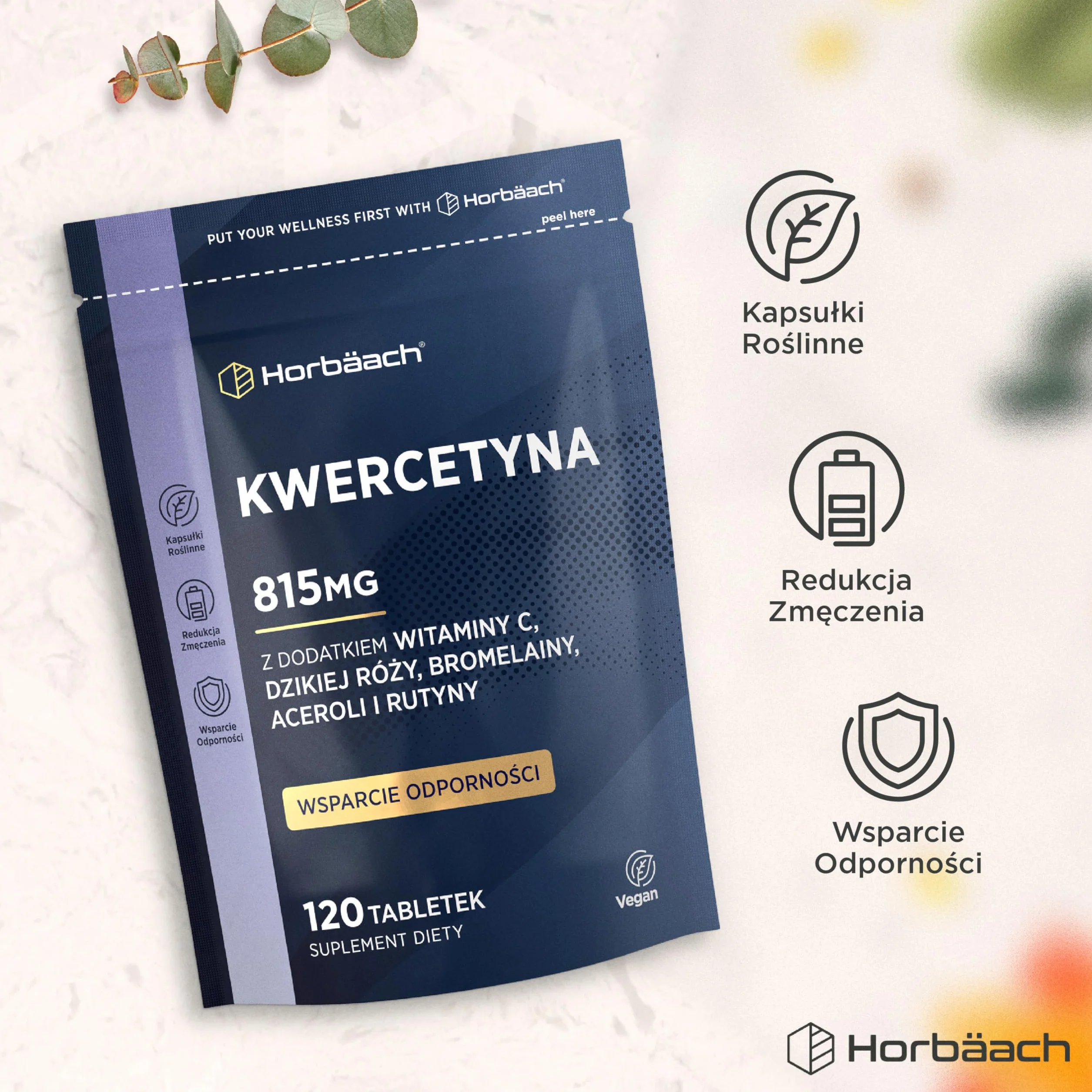 Kwercetyna z Bromelainą 819mg | Kwercetyna z Perełkowca Japońskiego z dodatkiem Bromelainy z Ananasa, Witaminy C, Dzikiej Róży, Aceroli, Rutyny | 120 Tabletek Wegańskich | marki Horbaach