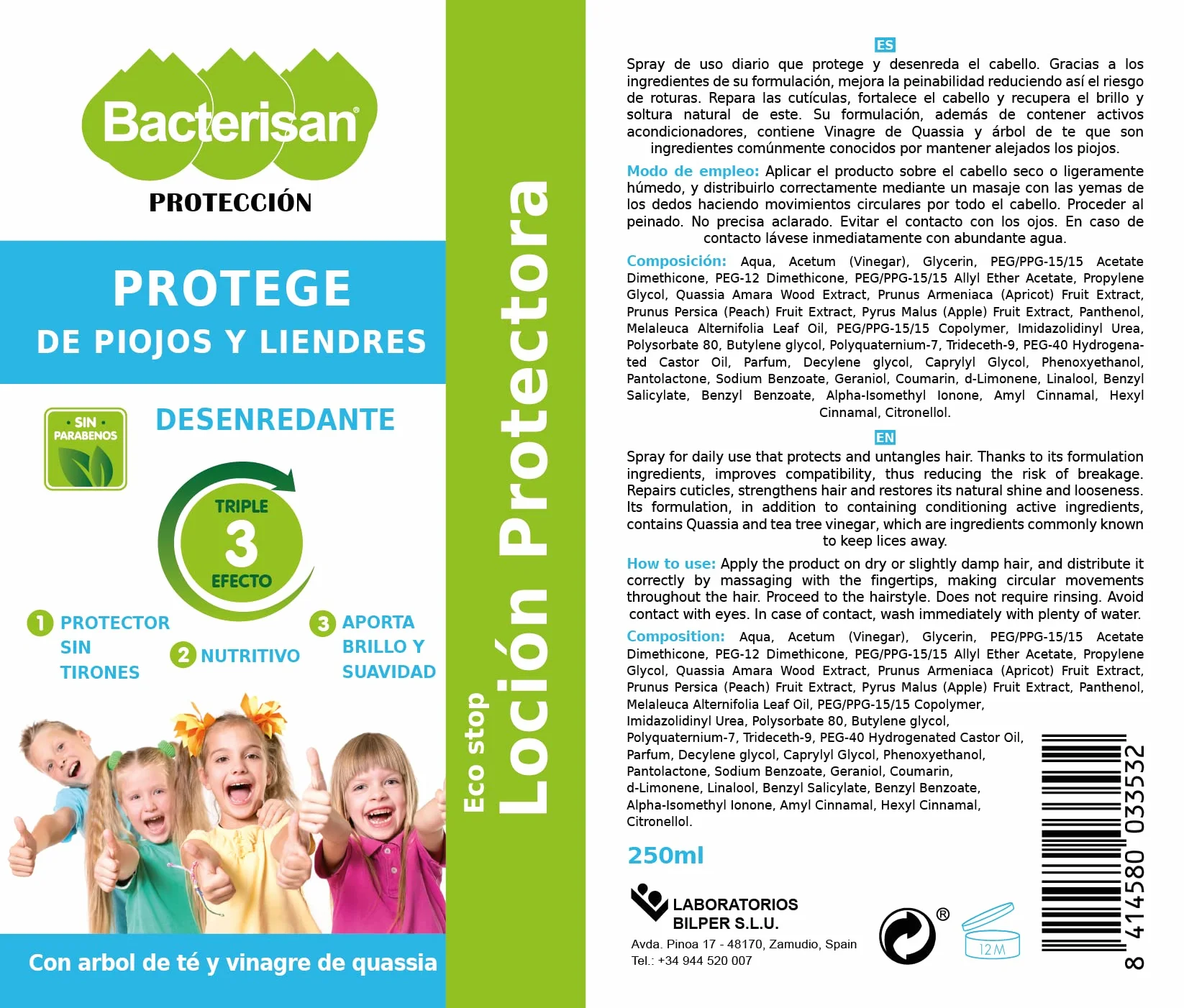 BACTERISAN Ochronny balsam rozplątywający 250 ml – chroni przed wszami i gnidami: codzienny spray z octem drzewa herbacianego i kwassia.