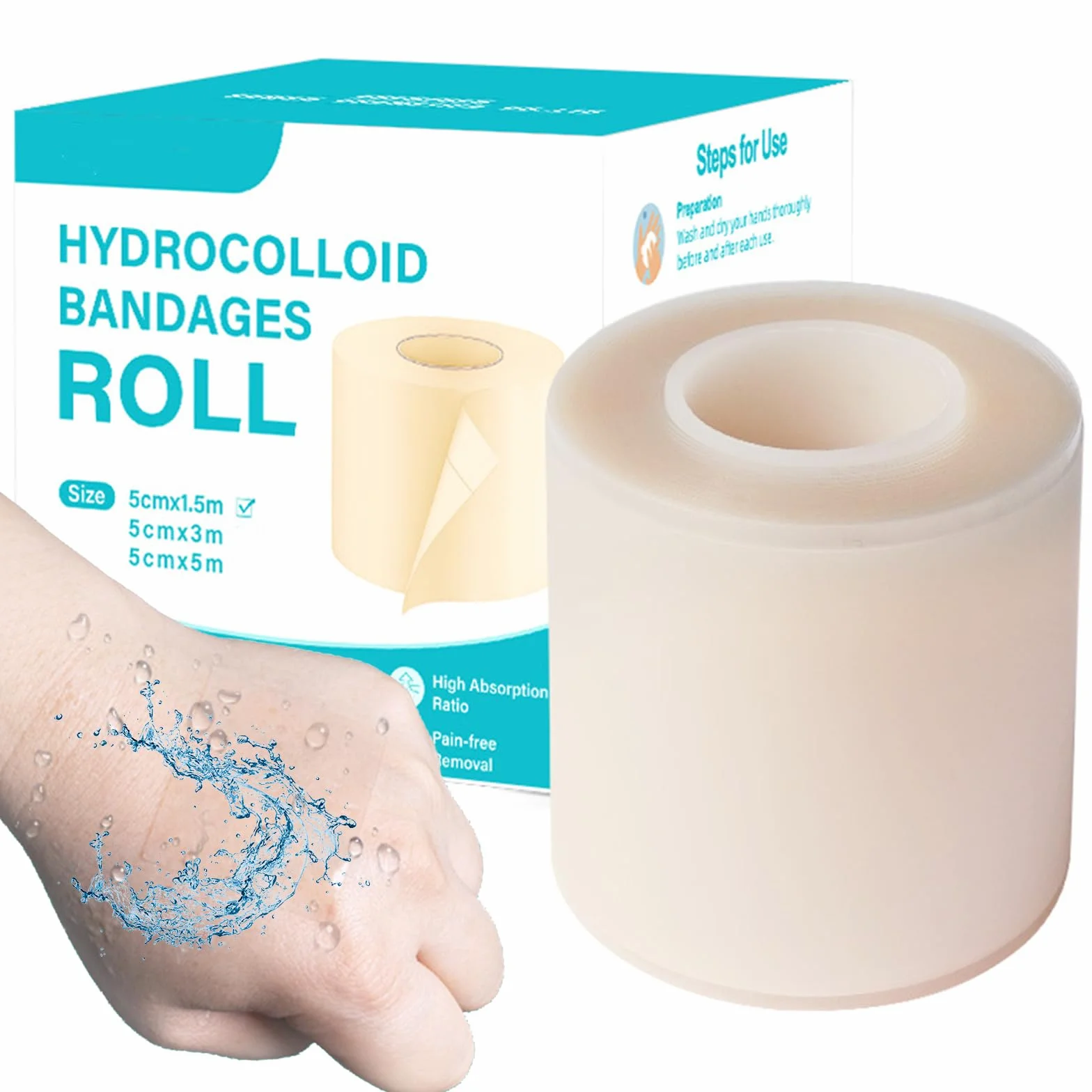 Plaster hydrokoloidowy, rolka 5 cm, wodoodporna, rolka hydrokoloidu, 1,5 m, wodoodporny plaster na rany, samoprzylepny, Pimple Patches, rolka, taśma bandażowa hydrokoloidowa