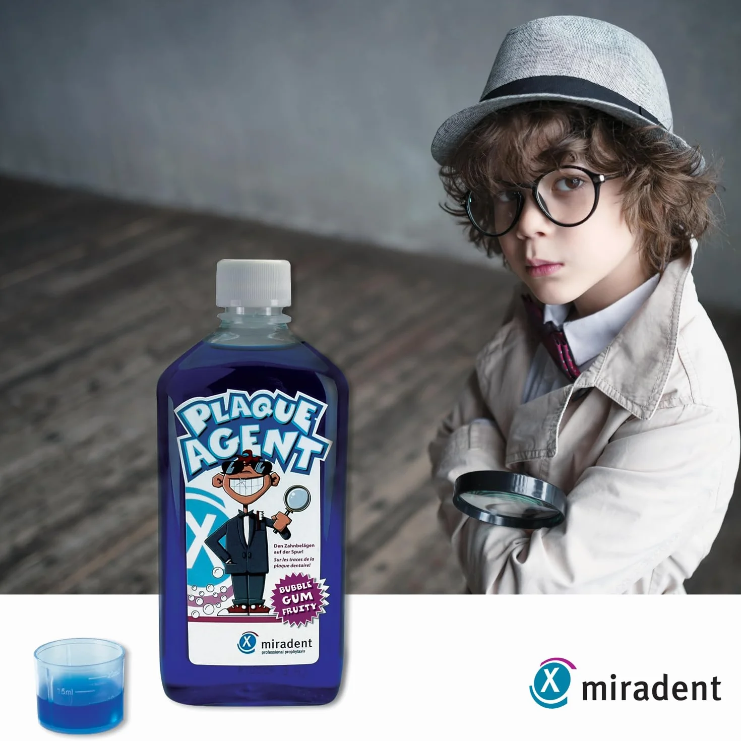 miradent Plaque Agent® roztwór do mycia zębów 500 ml | do kontroli płytki nazębnej dla dzieci | o przyjemnym smaku "Bubble Gum" | gotowy do użycia wraz z nasadką dozującą | bez erytrozyny | bez alkoholu
