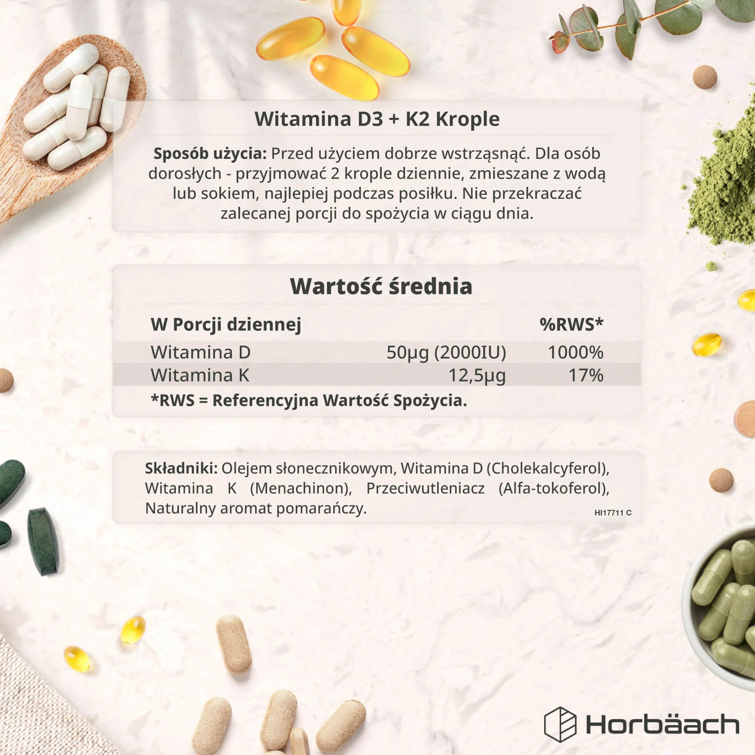 Witamina D3 + K2 w Kroplach | Wysokiej Mocy 2000 j.m. Witamina D3 + Witamina K2 MK-7 | Smak Pomarańczowy | Odpowiedni Dla Wegetarian | marki Horbaach