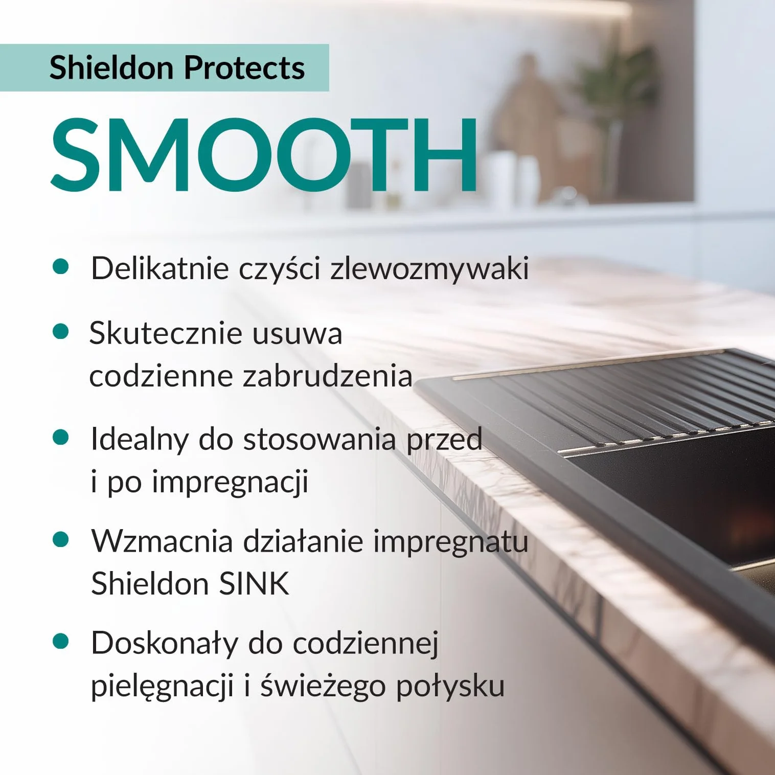 Zestaw do czyszczenia i pielęgnacji zlewozmywaków Shieldon Protects Sink Care - Impregnat do zlewu granitowego + płyn do czyszczenia - usuwa codzienne zabrudzenia, wydobywa kolor, nabłyszcza i chroni