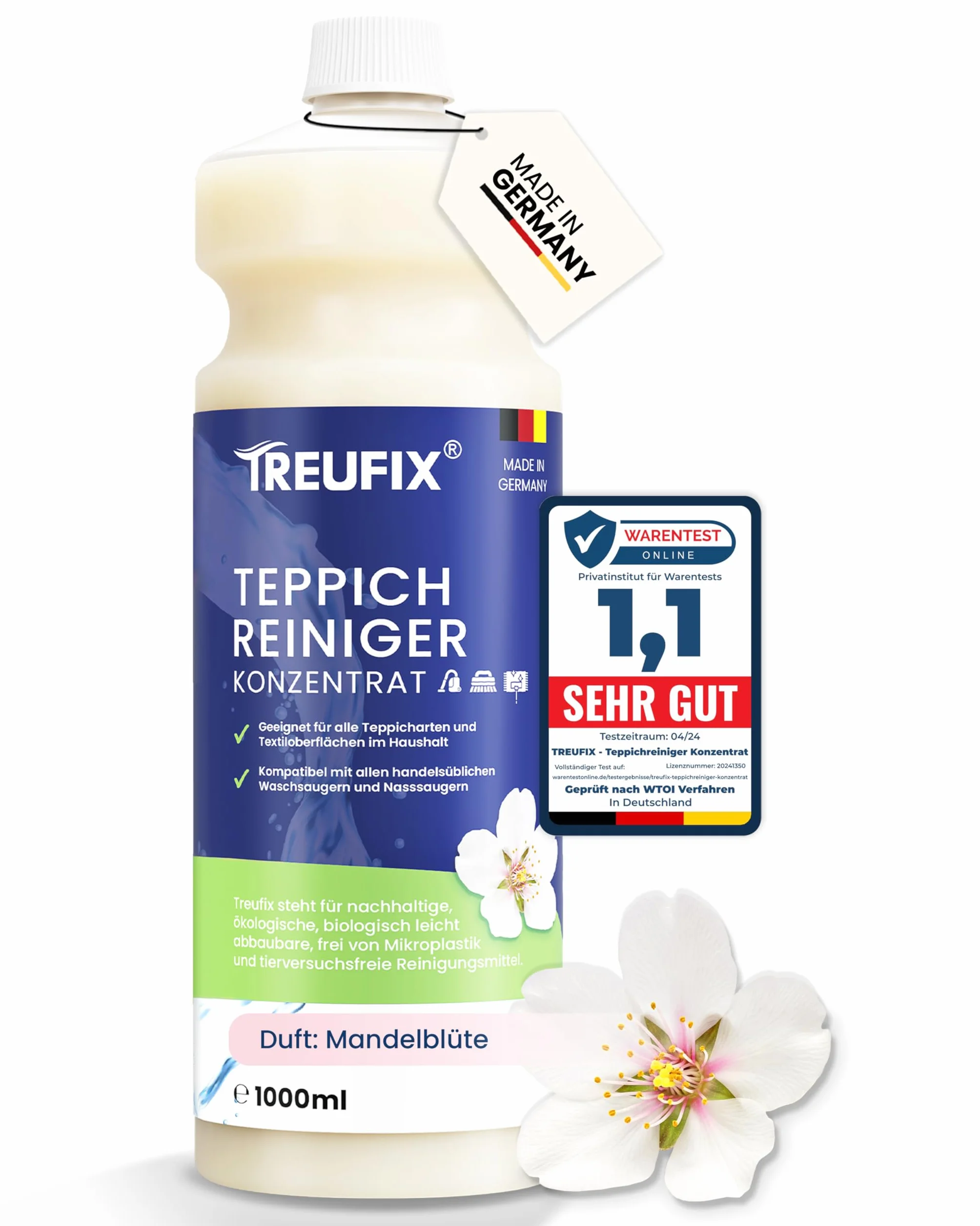 Treufix Środek do czyszczenia dywanów i tapicerki, koncentrat do wszystkich wykładzin i tapicerek, skuteczny środek czyszczący do dywanów 1 l, nadaje się do wszystkich odkurzaczy i odkurzaczy na mokro