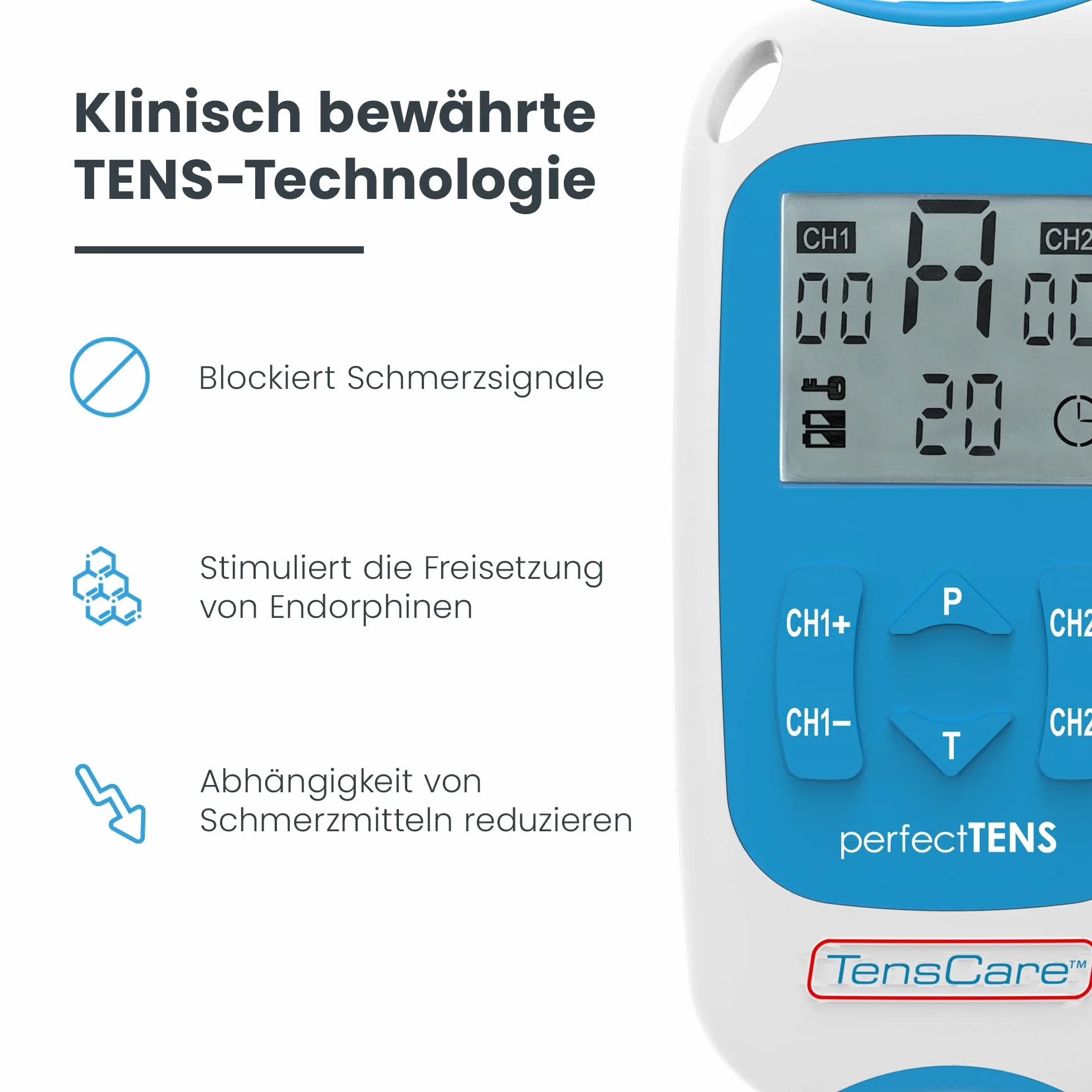 TensCare Perfect Tens – elektrostymulator TENS do łagodzenia bólu, 2 kanały, elektryczna stymulacja nerwów