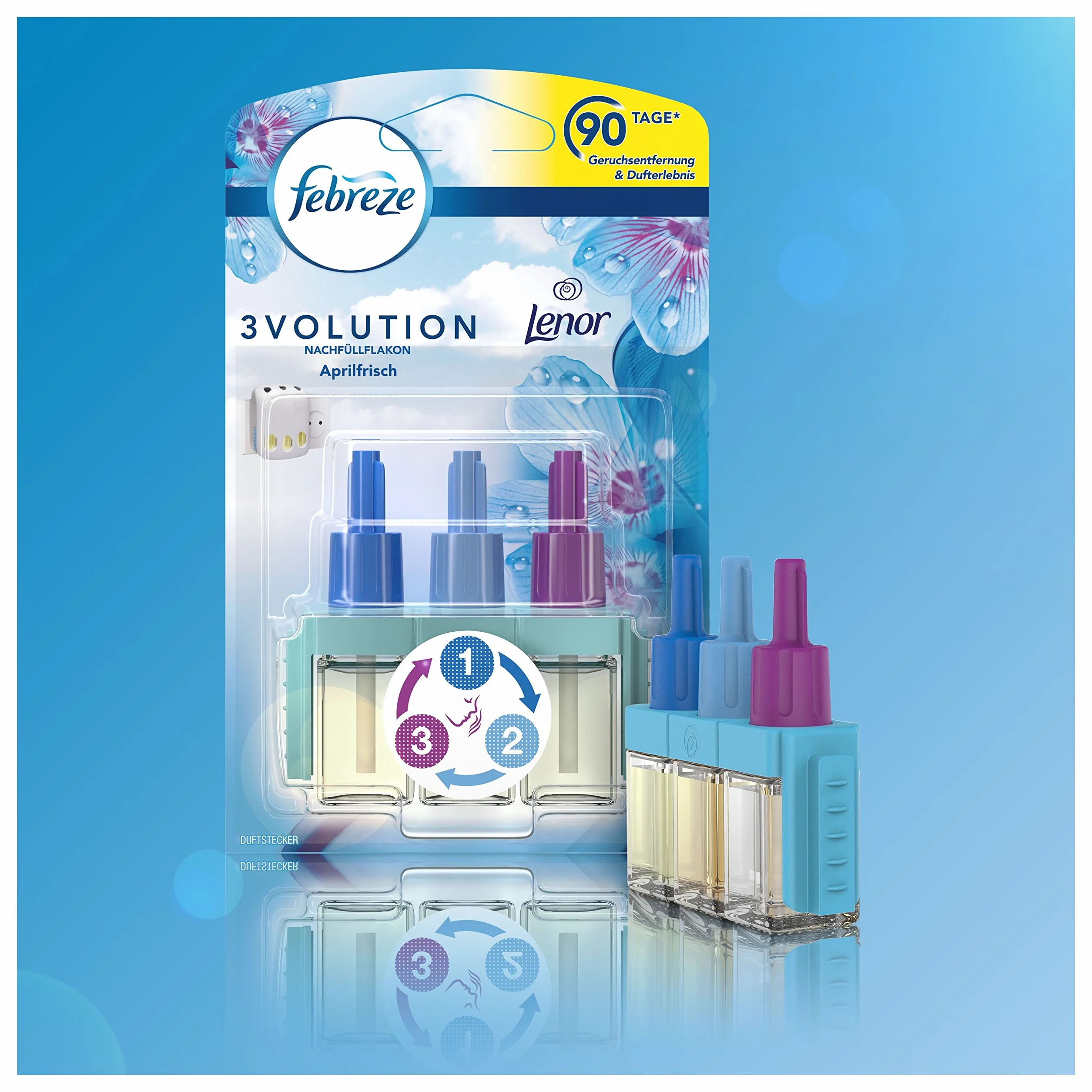 Febreze 3Volution zatyczki zapachowe flakon uzupełniający 20 ml Lenor Aprilfrisch, 3 naprzemienne zapachy zwalczają zapachy