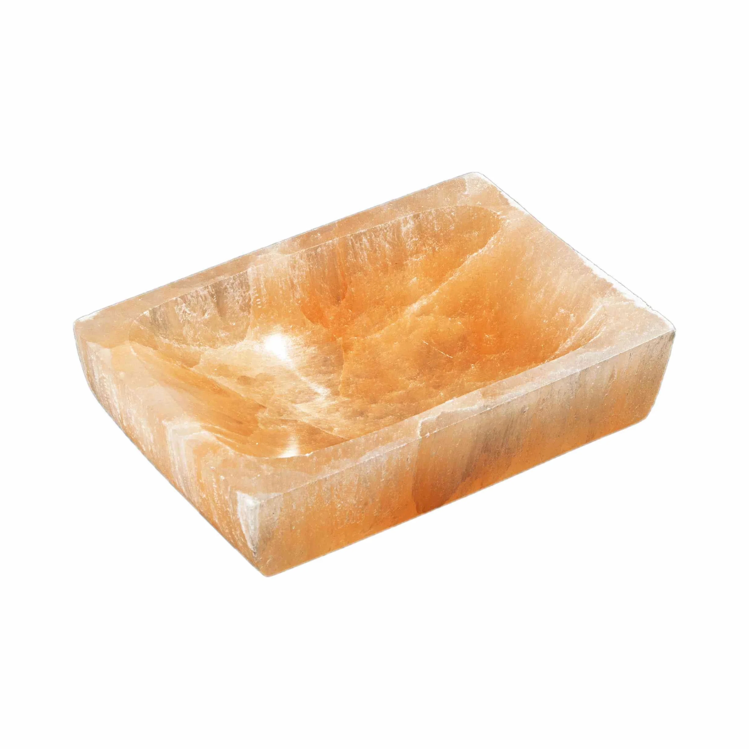 Brzoskwinia selenitowa prostokątna misa 12 x 8 x 3 cm ręcznie wykonana z selenitu do kamieni szlachetnych medytacji