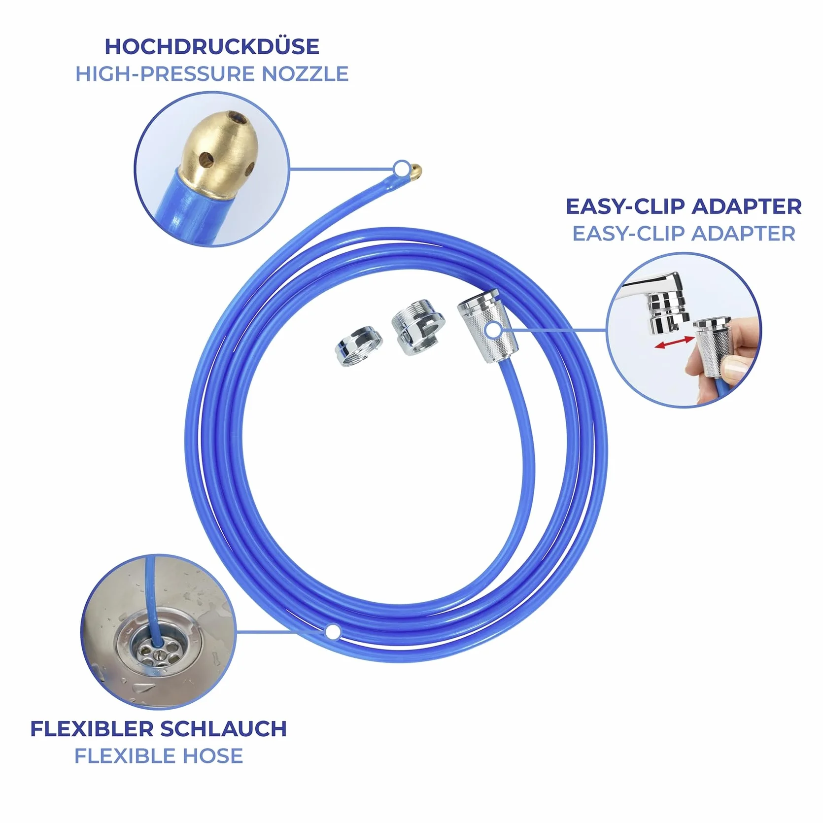 Środek czyszczący Mod. Power bez rur Twister wysokociśnieniowy środek do czyszczenia odpływu z mosiężną dyszą Easy Clip System do rury odpływowej 3 x 250 x 3 cm niebieski