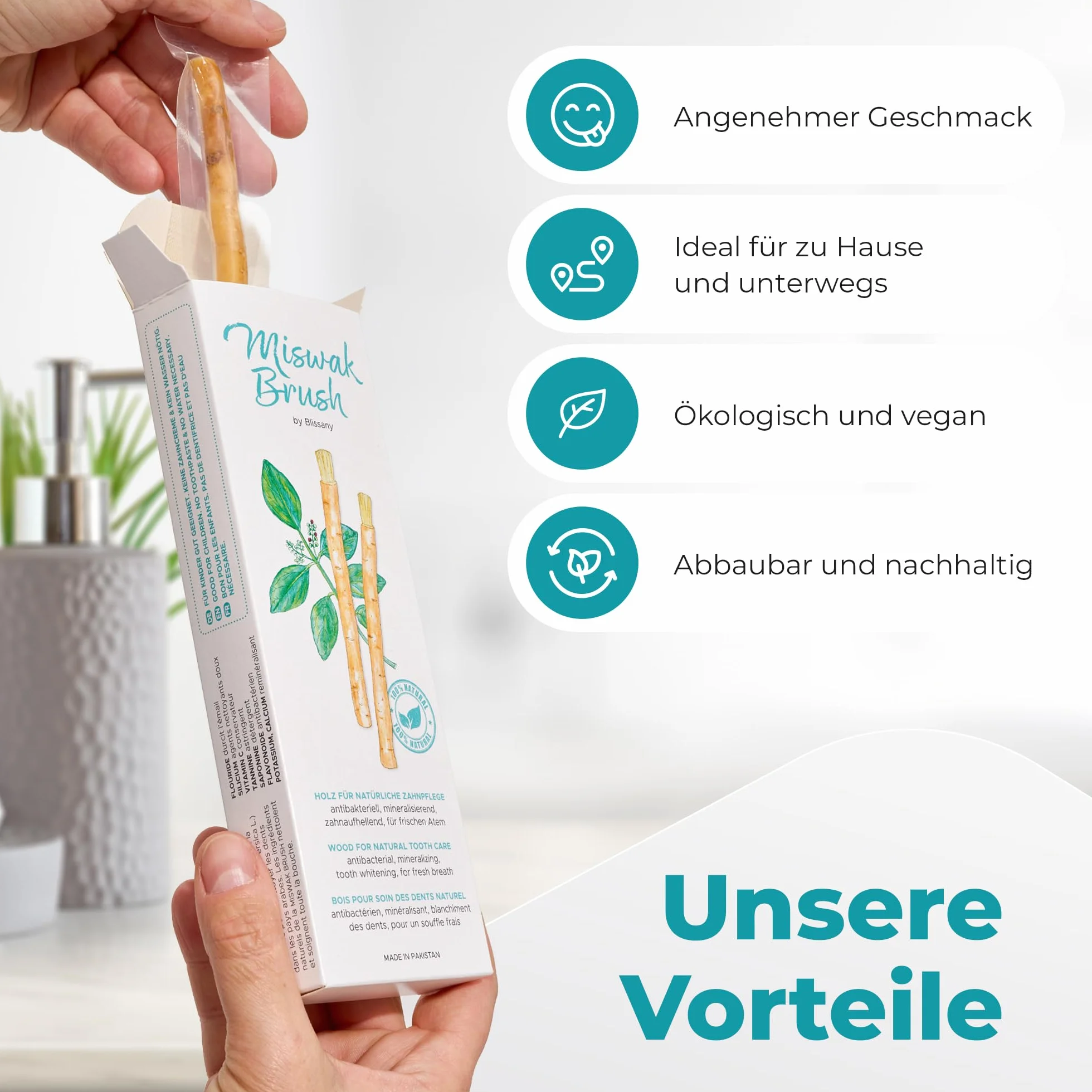 Miswak Szczoteczka do zębów firmy Blissany - Siwak SWAK, tradycyjna arabska szczoteczka do zębów, drewniana szczoteczka do zębów, do naturalnych białych zębów, 5 szt