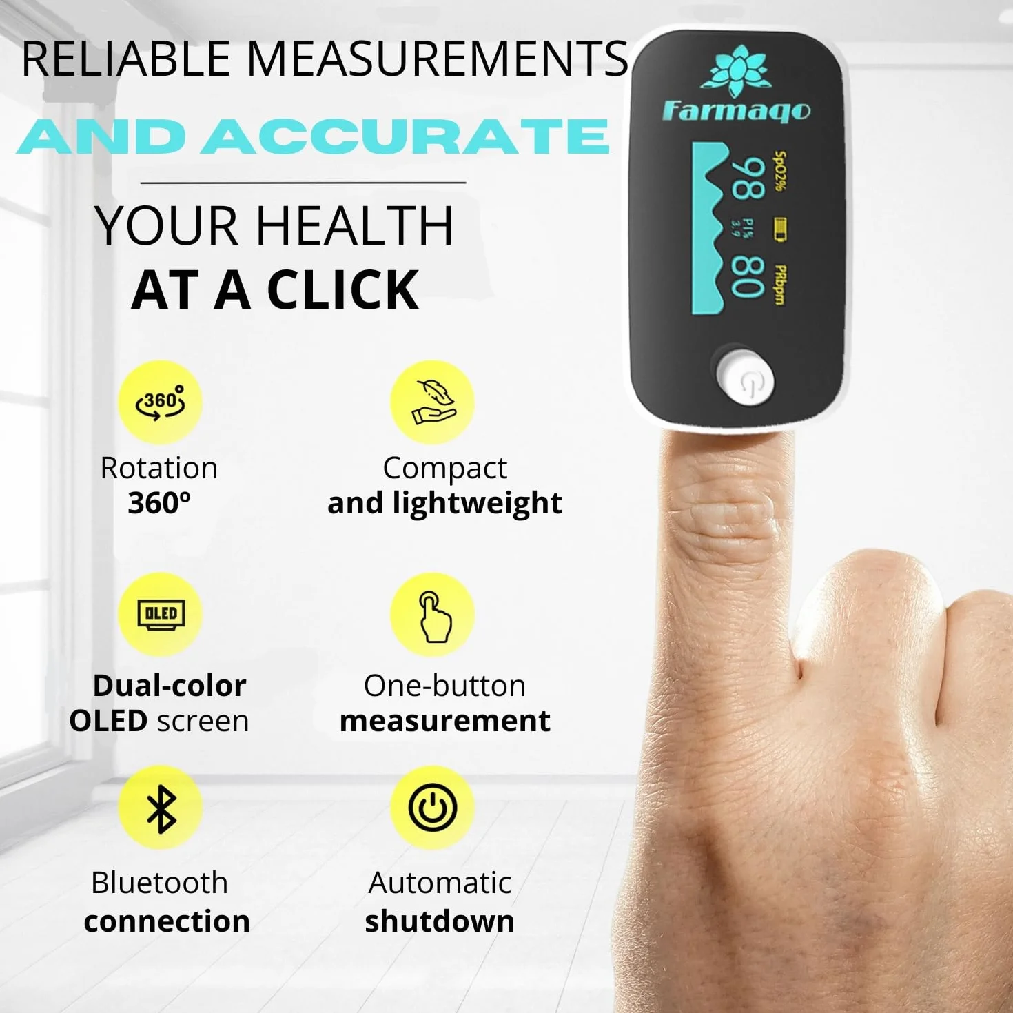Pulsoksymetr palcowy Bluetooth z aplikacją medyczny SpO₂ monitor tętna PI RR kolorowy ekran OLED CE etui baterie