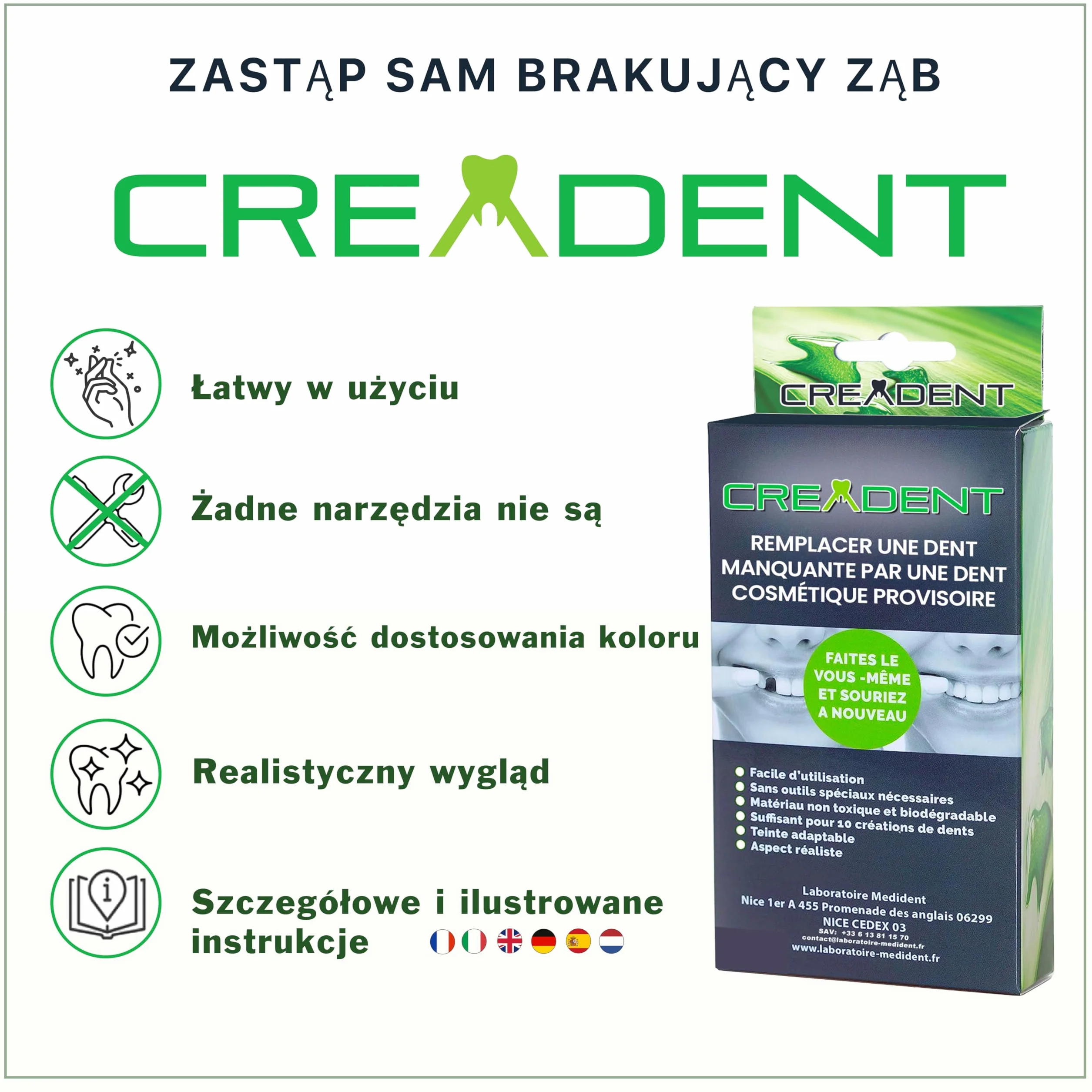 CREADENT - Zestaw do zastąpienia brakującego zęba - Tymczasowy ząb kosmetyczny, aby odzyskać uśmiech