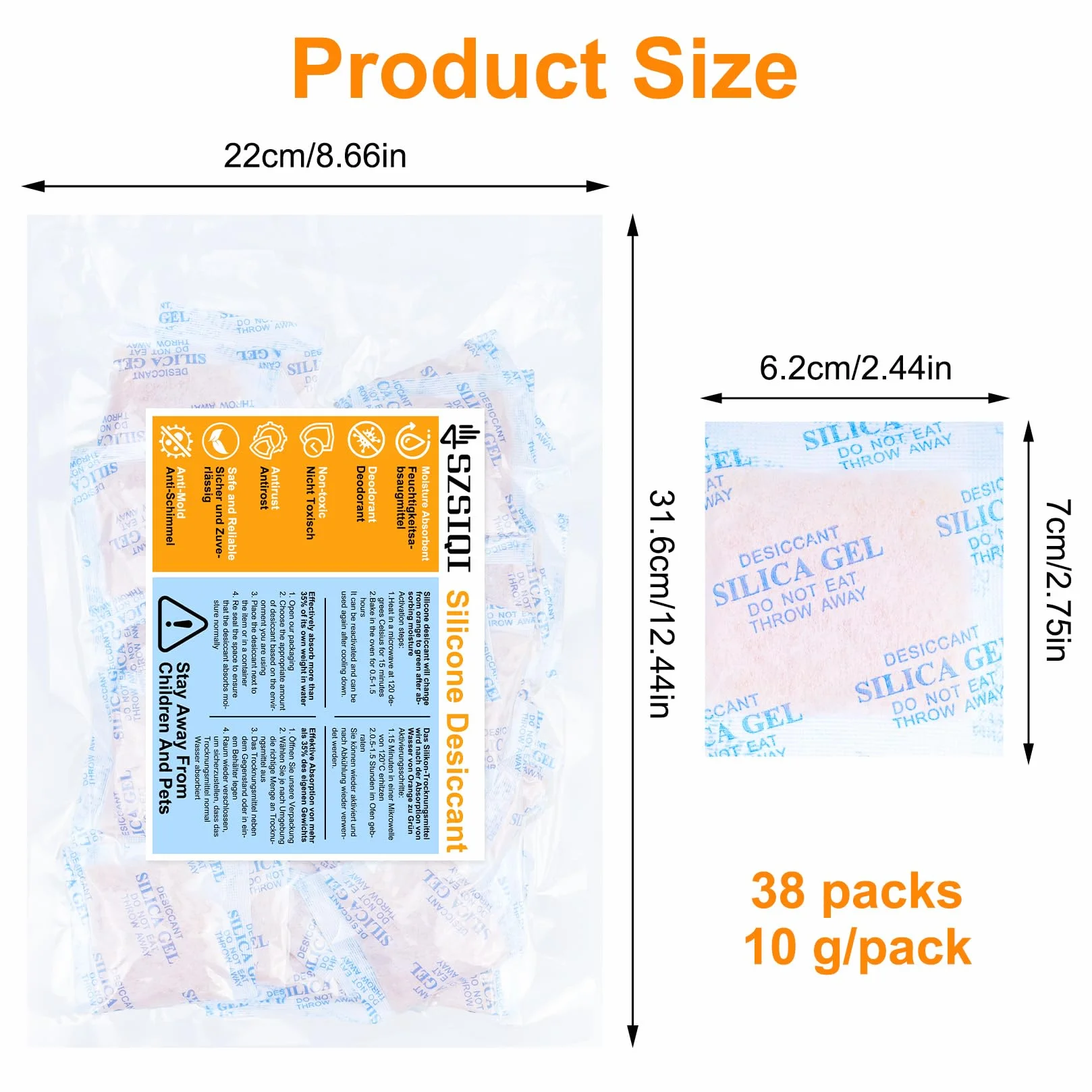 10 g x 38 saszetek z żelem krzemionkowym, worki żelowe krzemionkowe, worek osuszający, wskaźnik wilgotności, środek osuszający, pomarańczowy do zielonego, do przechowywania ubrań, urządzeń (10 g)