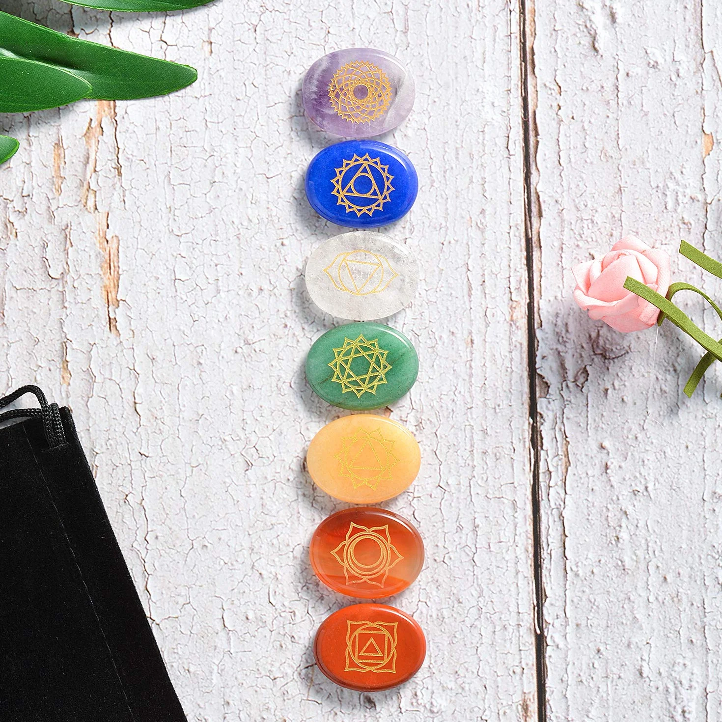 Hivexagon Naturalne lecznicze kamienie czakry, zestaw 7 kamieni zmartwień z symbolami, Reiki i kryształy lecznicze energetyczne, do medytacji, koncentracji, duchowego wzrostu, łagodzenia stresu