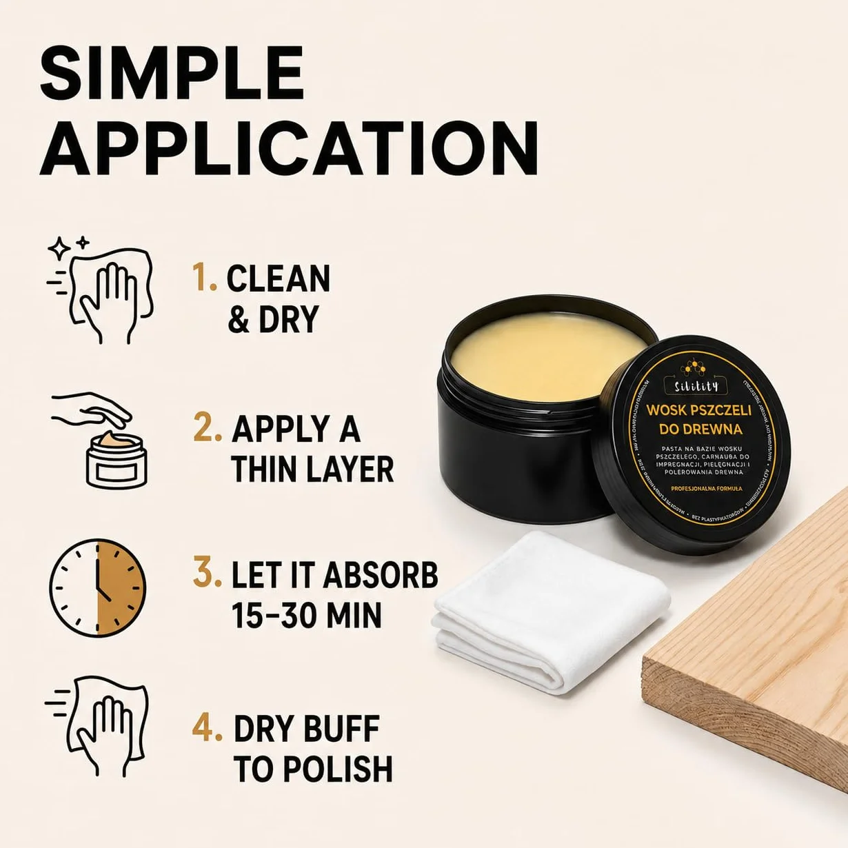 Balsam do Drewna z Woskiem Pszczelim i Olejem Klasy Spożywczej. Pasta do Mebli Zabawek Desek do Krojenia. Bezpieczny Kontakt z Żywnością. Impregnacja Odnowienie Koloru Wodoodporność 100ml