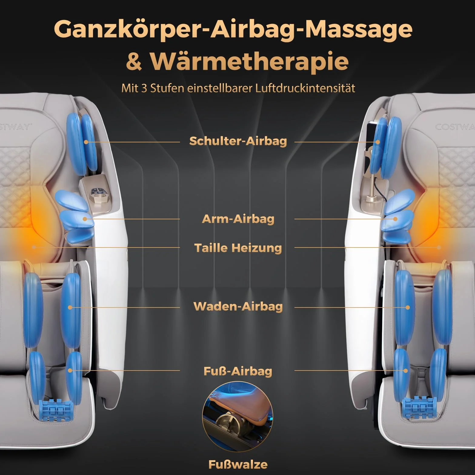 COSTWAY Fotel masujący, Zero Gravity SL Track Shiatsu fotel do masażu, ogrzewanie i masaż pneumatyczny, fotel do masażu całego ciała, z 12 trybami automatycznymi i pilotem zdalnego sterowania