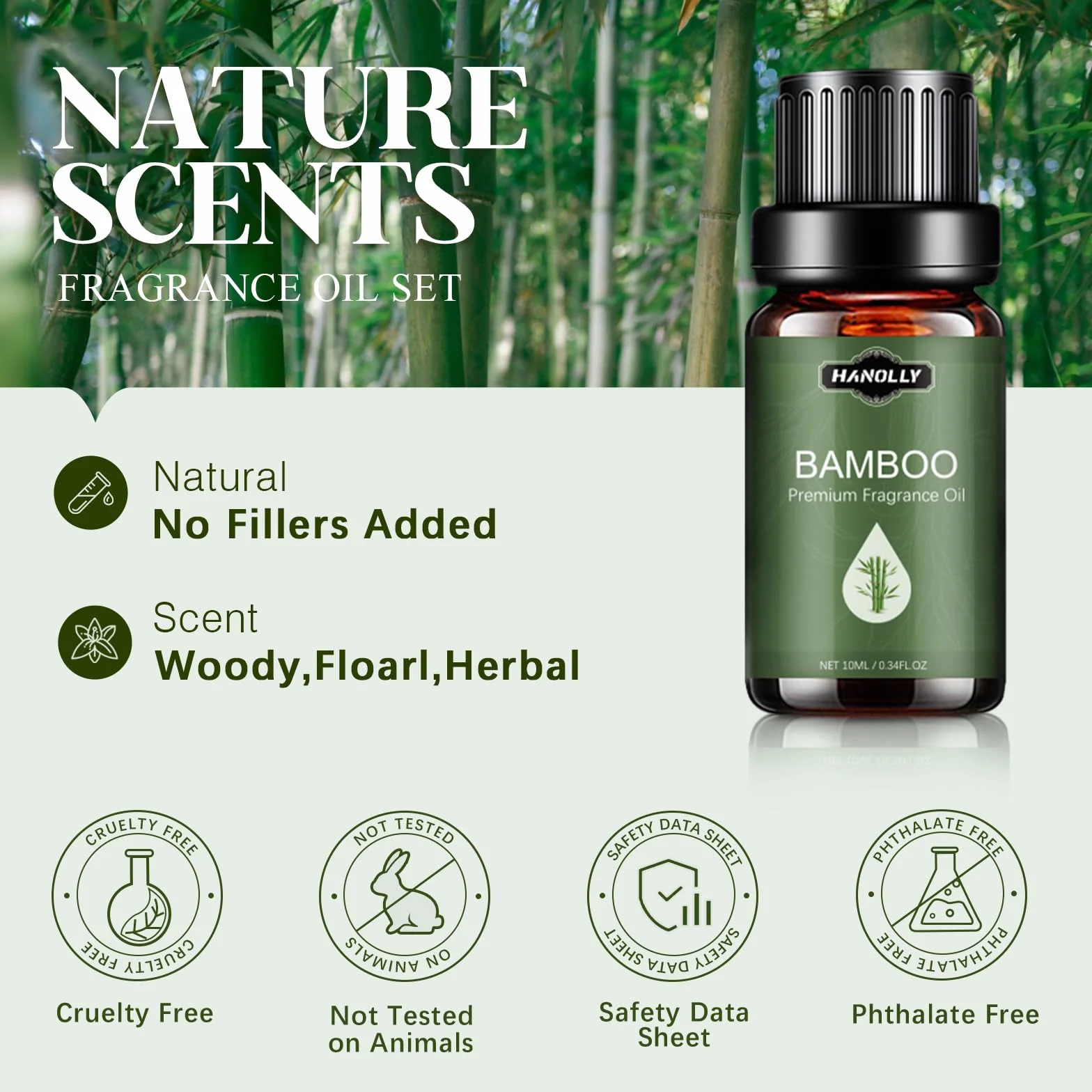 Hanolly 6 x 10 ml Zestaw Naturalnych Olejków Eterycznych Do Dyfuzorów I Wyrobu Świec – Drzewo Sandałowe I Róża, Bambus, Deszcz, Lawenda I Rumianek, Świeżo Skoszona Trawa, Sosna Zwyczajna