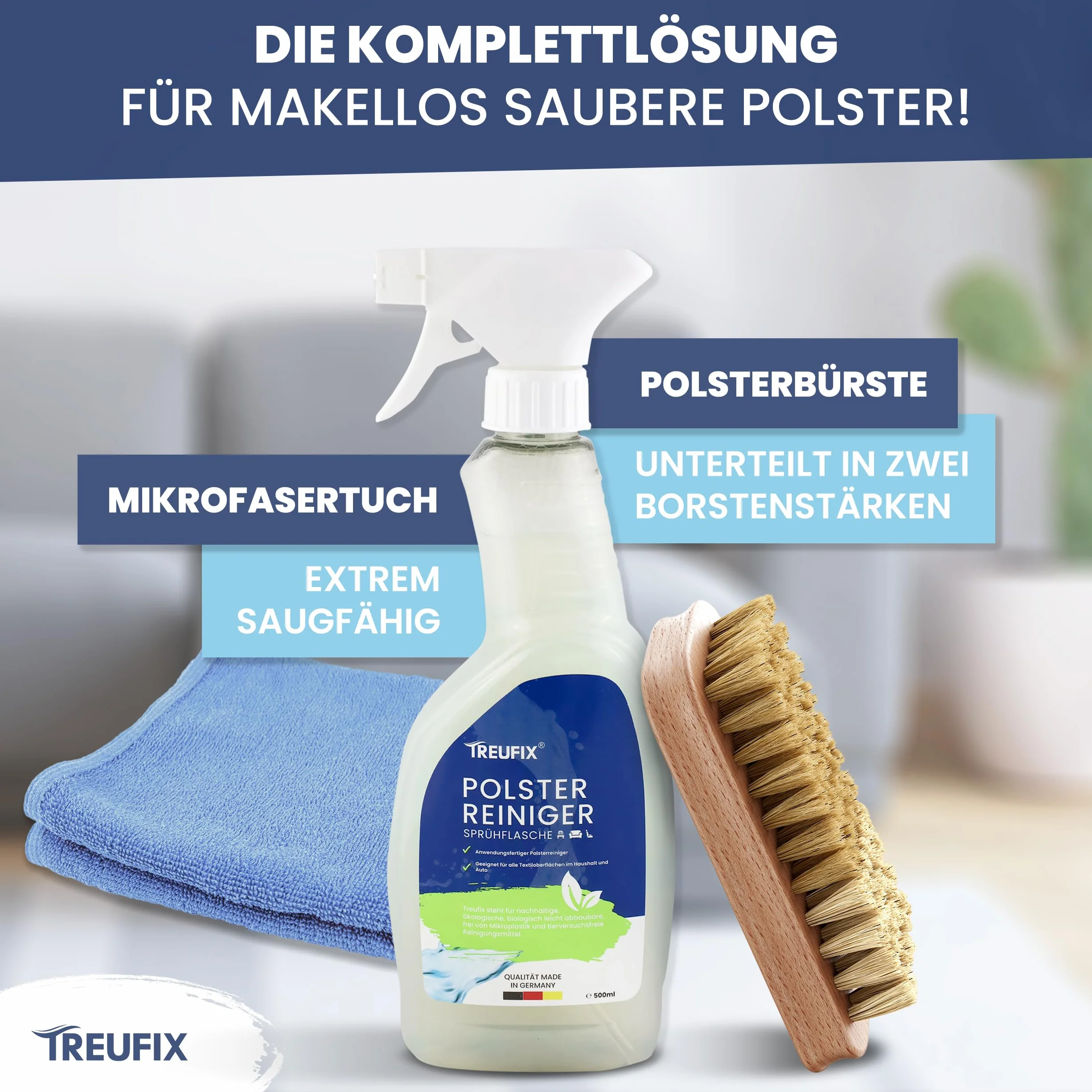 Treufix Środek do czyszczenia tapicerki i dywanów zestaw ze szczotką i ściereczką z mikrofibry